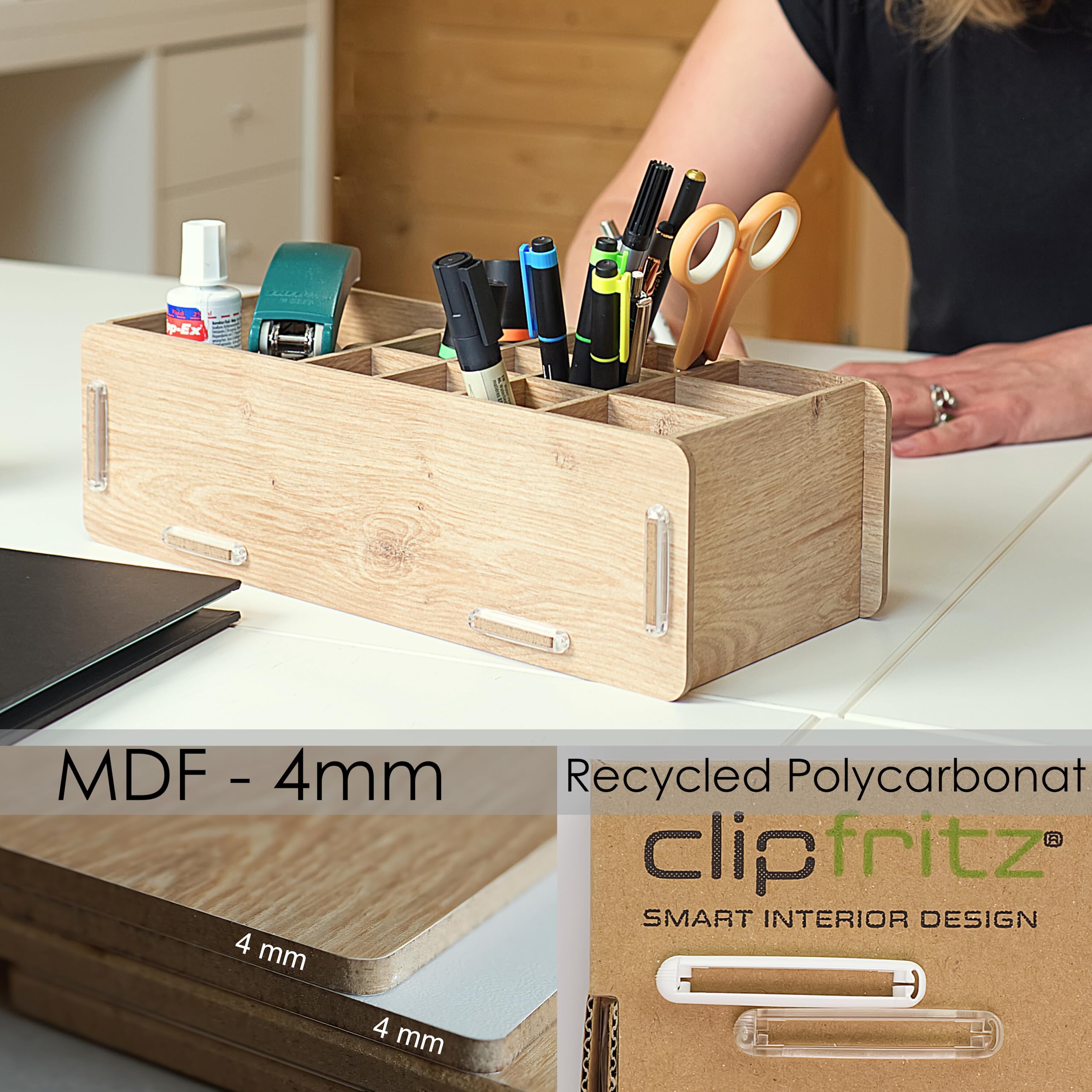 clipfritz, Wooden Pen Box (approx. 14 x 32 cm) Desk Pen Holder for Children Adults, Pen Holder Ideal as Office Organiser - Image 4