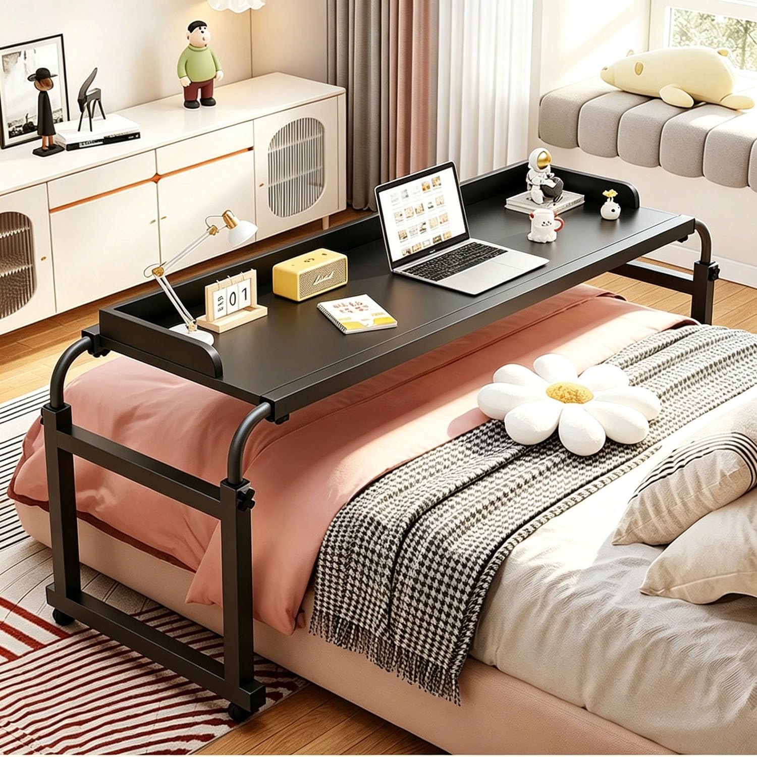 GXQFC Mobile Cross-Bed Laptop Worktable, Height Adjustable Frame Overbed Desk with 3-Sided Anti-Fall Baffle, Lockable Silent Castors, Large Tabletop for Double Bed Bedroom Work & Dining(Color:Black)