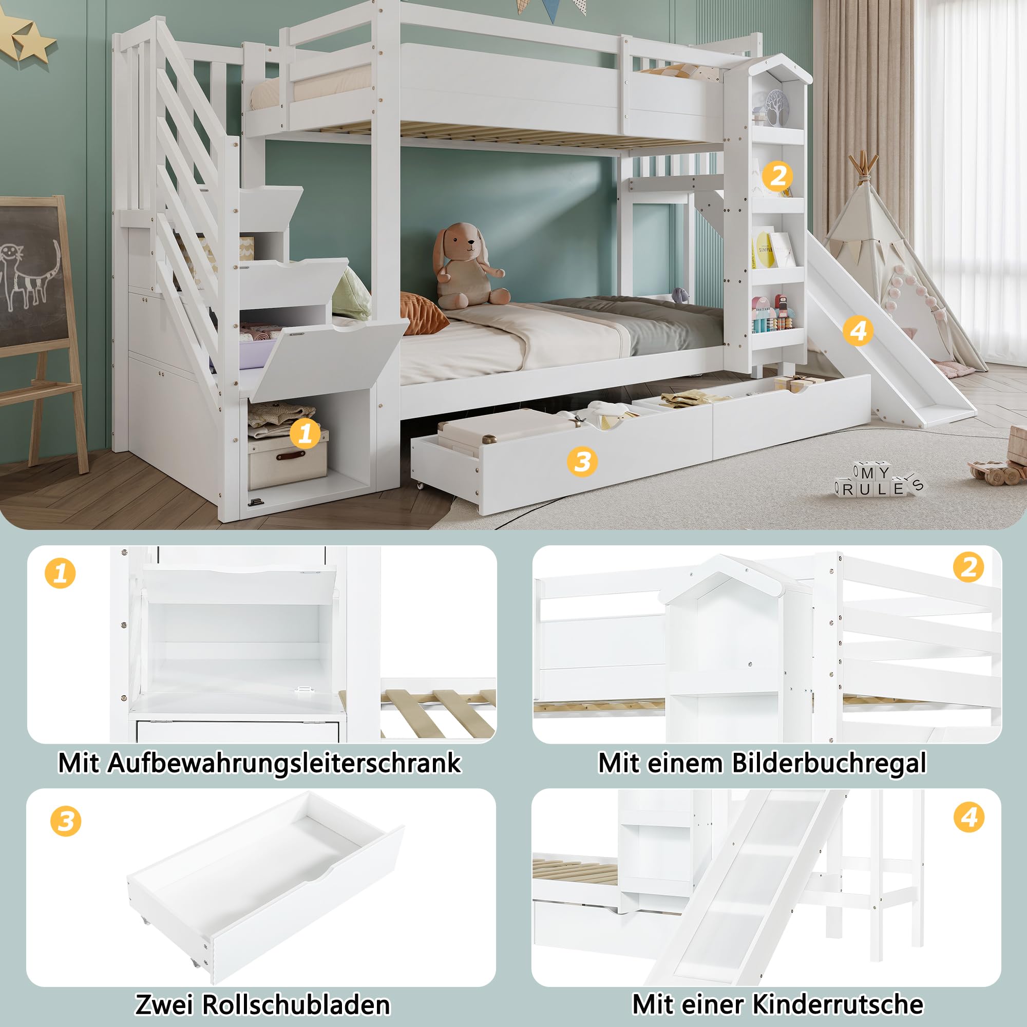Litera, cuna, con estante para libros, dos cajones con ruedas y tobogán infantil, armario de almacenamiento para escaleras, pino + MDF + madera contrachapada, blanco, 90 x 200 cm
