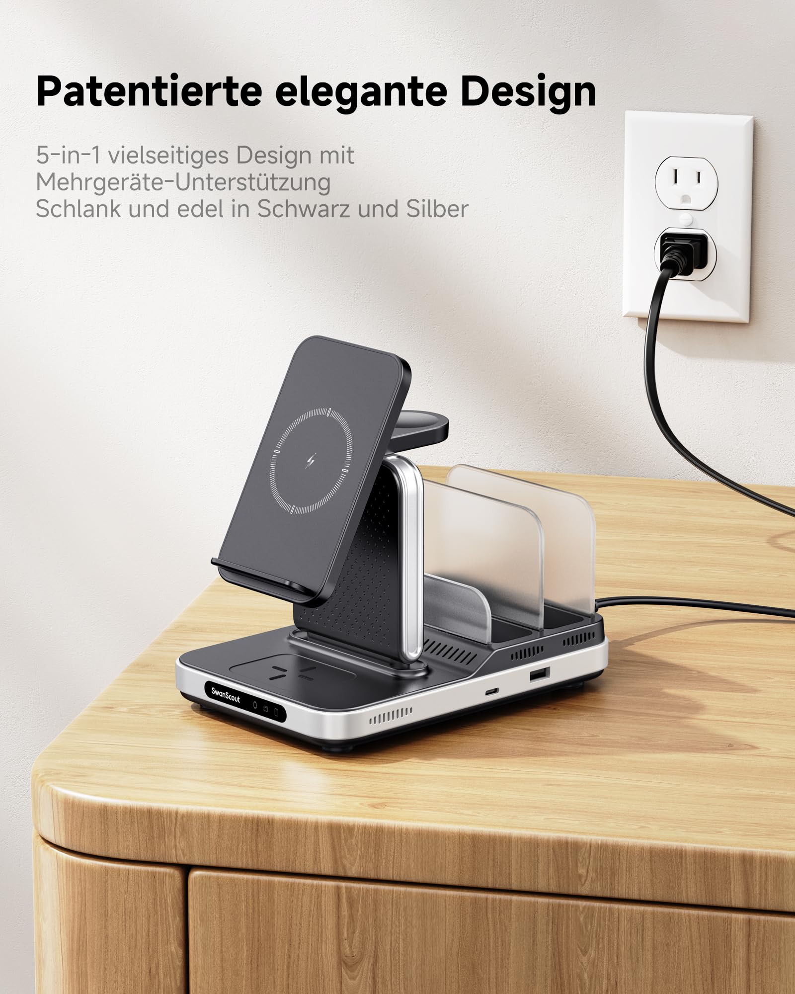 SwanScout 5-in-1 Ladestation für Samsung Geräte, Wireless Ladegerät für Samsung S25/S24/S23/S22-Serie, Galaxy Watch Ultra/7/6/5/4, Galaxy Buds, für Galaxy Tab/iPad/Switch, Modell 901S