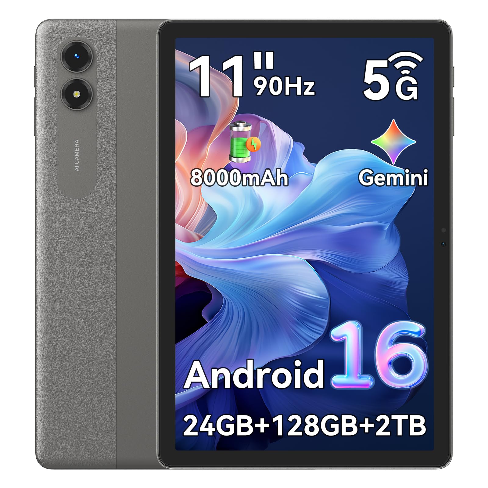 T50 Android 16 Tablet 11 pulgadas, tablets con 24 GB RAM + 128 GB ROM, procesador Unisoc T7250 Octa-Core, batería de 8000 mAh, WiFi 5G de doble banda, pantalla IPS 2K de 90 Hz, protección ocular