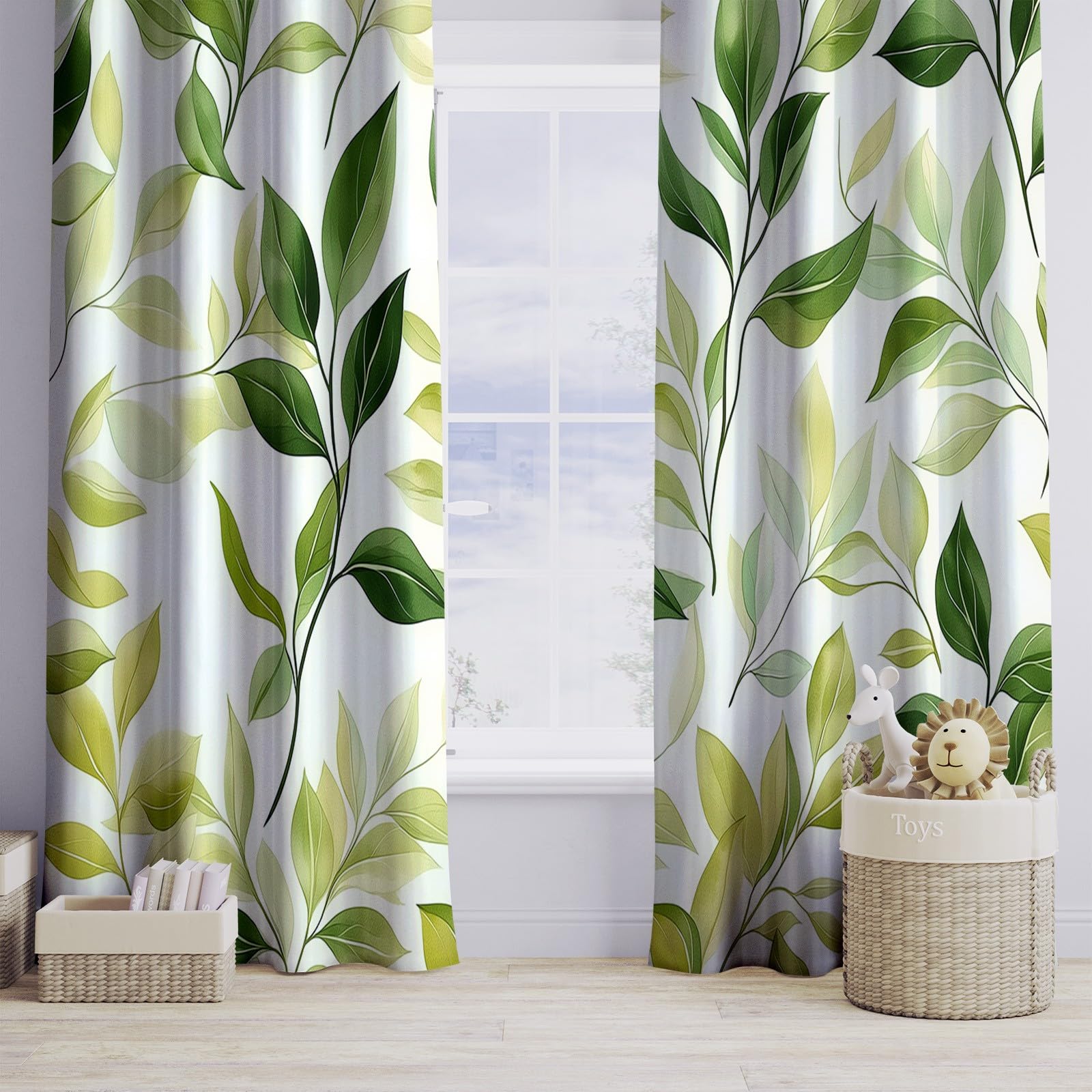 Grün 100% Verdunkelungsvorhänge mit Ösen H214 x B91.5 cm (2er Set), Pflanzen Sie Grüne Blätter Zweige, Absolut Blickdichte Thermo-Gardinen gegen Hitze für Schlafzimmer und Babyzimmer