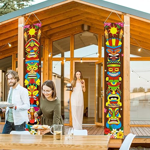Miniatura 5 de Frienda Hawaiian Luau - Suministros de decoración de fiesta de Tiki Banner Tiki Totem Letrero de puerta para Hawai Tropical Decoración Aloha