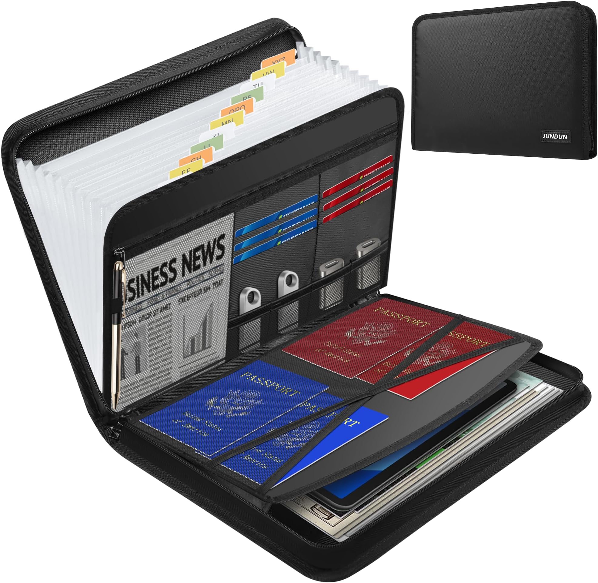 JUNDUN Accordion File Organizer - Fireproof Folder with Zipper & Labels - 12 Pocket Expanding File Folder with Multi-Pockets Paper Folder for Letter A4 Files | Receipt and More