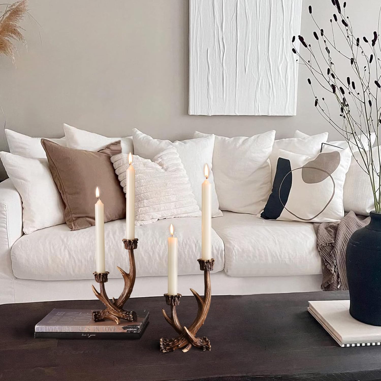 Deer Antler Candle Holders, Rustic Candlestick Holders Farmhouse Decor Style for Wedding Centerpieces, Living Room, Bathroom, Dining Room(2 PCS)