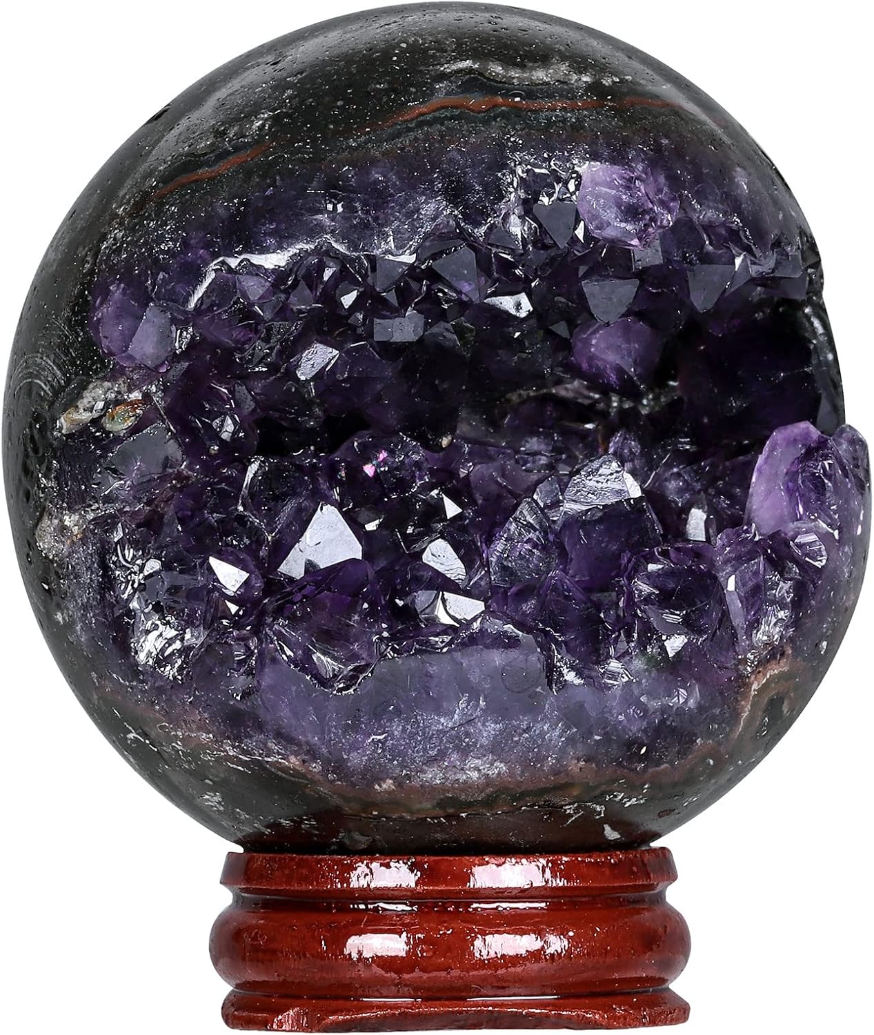 SUNYIK Natural Amethyst Crystal Ball with Wood Stand, Druzy Geode Sphere Ball Fengshui Divination for Easter, 2.00-2.36 Inches