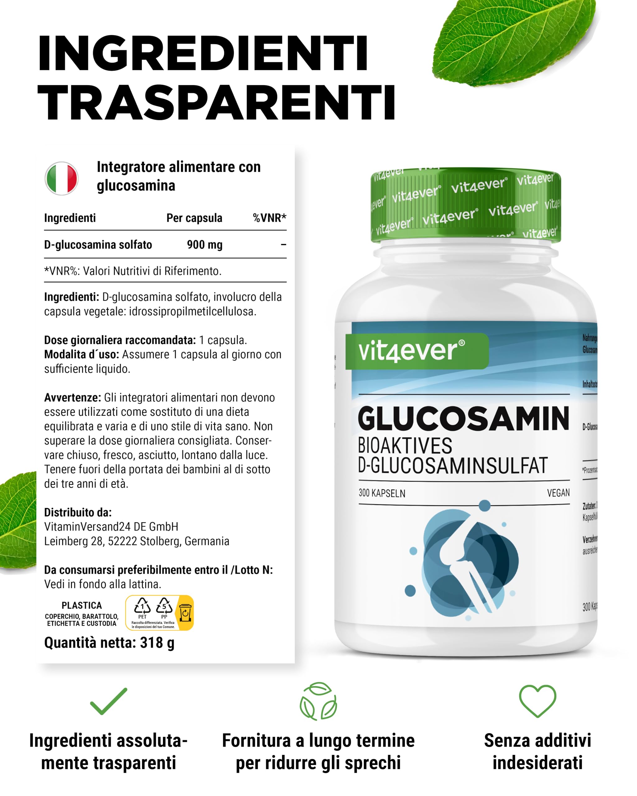 Glucosamina 900mg - 300 capsule - solfato di D-glucosamina bioattivo da fermentazione - senza additivi indesiderati - dose elevata - vegano