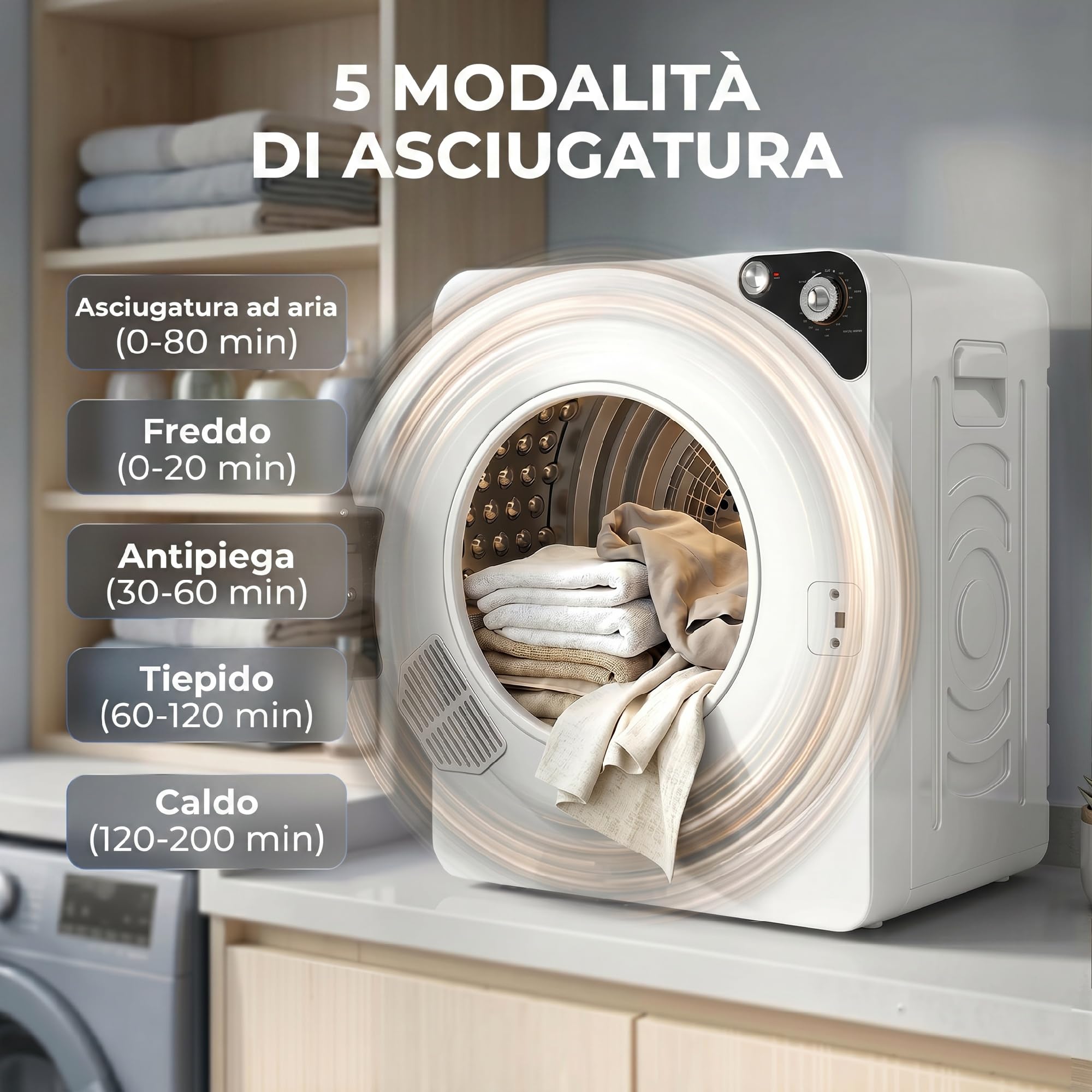 HOMCOM Secadora de Ropa 5 kg, Secadora de Evacuación Compacta 1000W, 5 Programas, Temporizador, Función Esterilizar, Tambor de Acero Inoxidable, Apilable o para Piso, Blanco