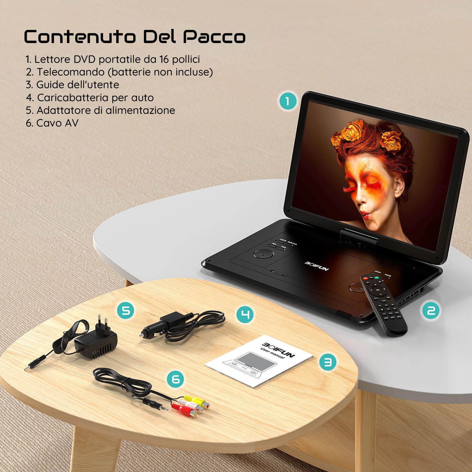 Lettore DVD Portatile 17,5" Schermo HD 16" Batteria 6 Ore USB/SD Sync TV Nero