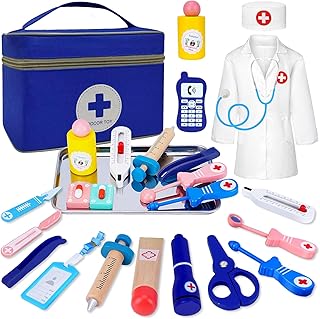 Esriptoyz Doctor's Case Children from 3 Years, Wooden Toy Doctor Case with Real Stethoscope, Role Play Doctor's Coat Toy 3 Years with Thermometer Portable Bag, Gift for Children from 3 4 5 Years