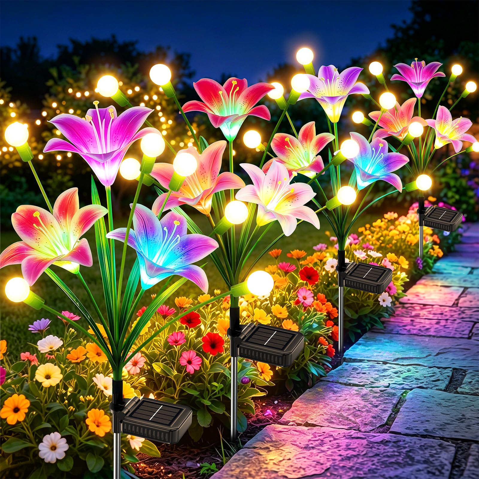 BUCASA Firefly Solarlampen für Außen Garten, 4 Stück 36LED Hell Solarleuchten für Außen mit Warmweiß Glühwürmchen und Farbig Lilien Blumen, Upgraded Swinging Solar Gartenleuchten für Wege Höf Balkon