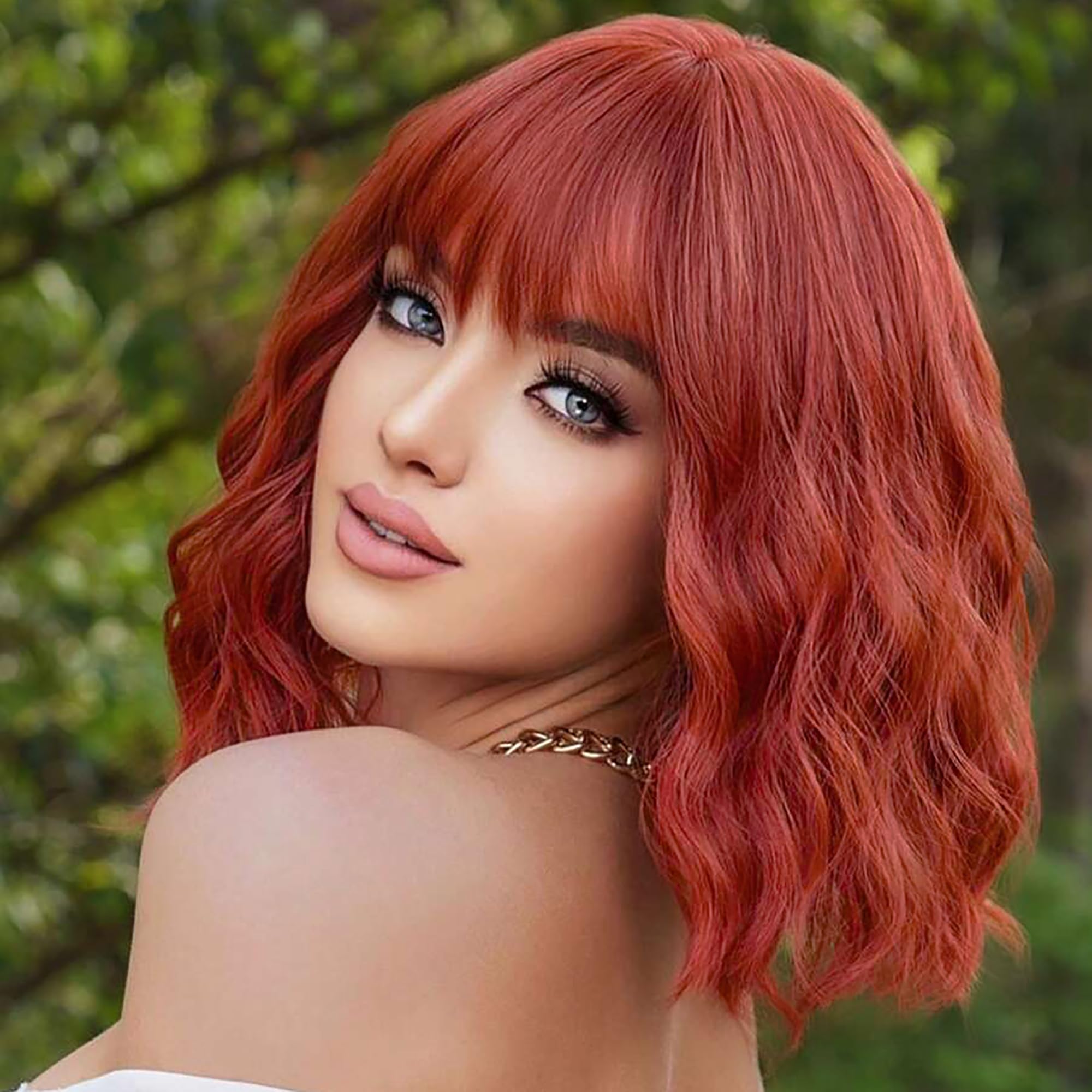 Miuric Red wig for women Short Wavy Wigs with Bangs Curly Bob Wig Shoulder Length Women's Wigs Synthetic Heat Resistant Fiber Wigs for Daily Party Use