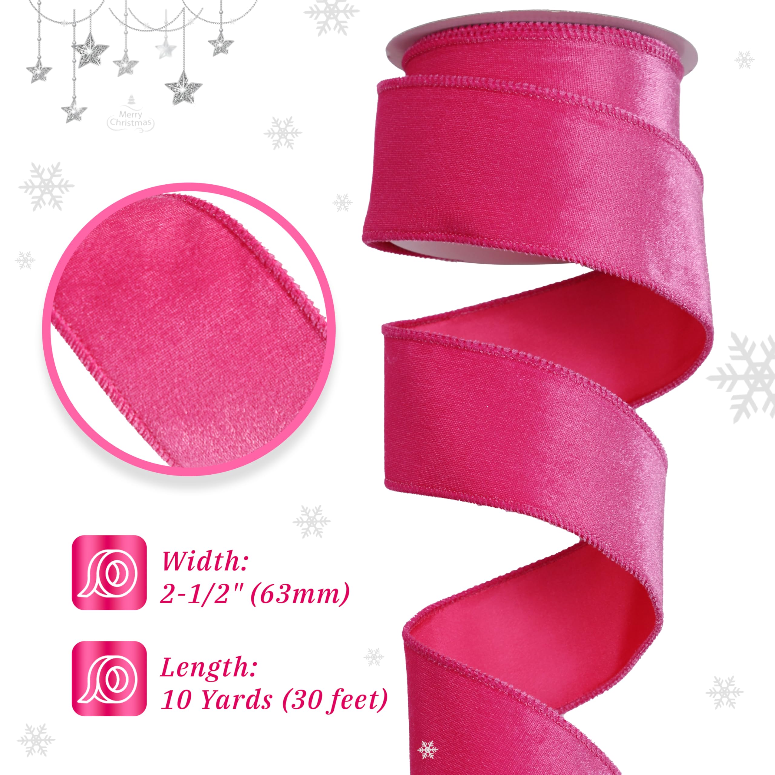 Nastro di velluto rosa acceso con filo metallico, 6,3 cm x 9,1 m, colore fucsia, nastro natalizio per albero di Natale, per decorazioni per alberi, ghirlande, fiocchi, artigianato, decorazioni per la
