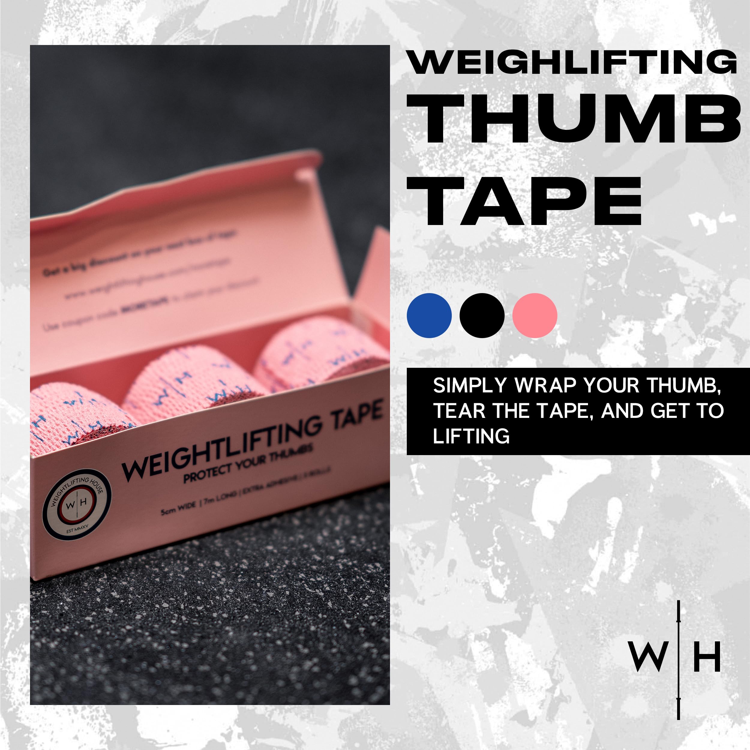 Weightlifting House Bande de Pouce pour Haltérophilie – Tape Athlétique pour Doigts - Ruban Adhésif pour Hook Grip, Workout, Levage de Poids - Rouleau de 7 mètres