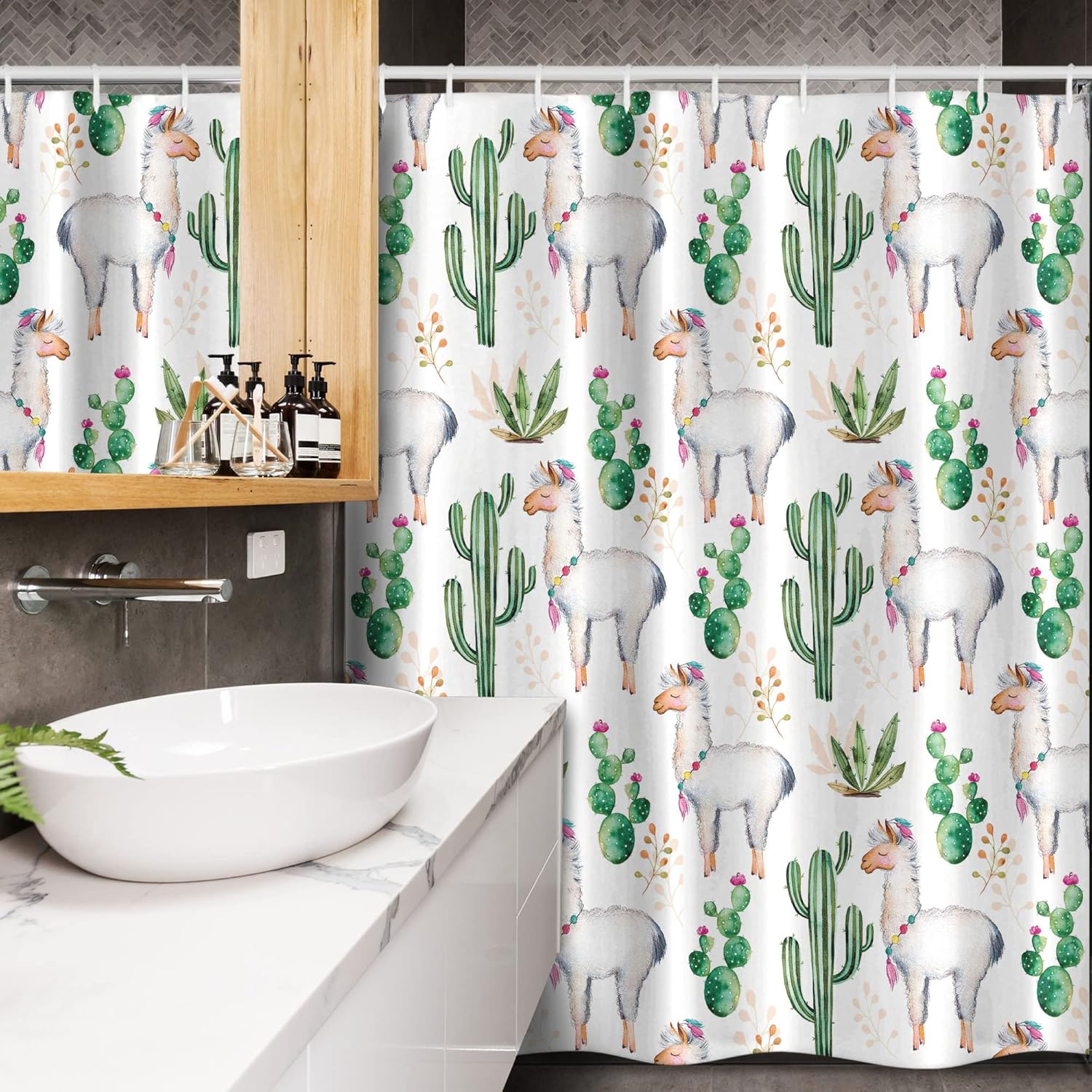 Ambesonne Cactus Stall Shower Curtain, Hot South Desert Plant Cacti Pattern Llama Animal Modern Colored Image Print, Fabric Bathroom Decor Set with Hooks, 54" W x 78" L, Multicolor White