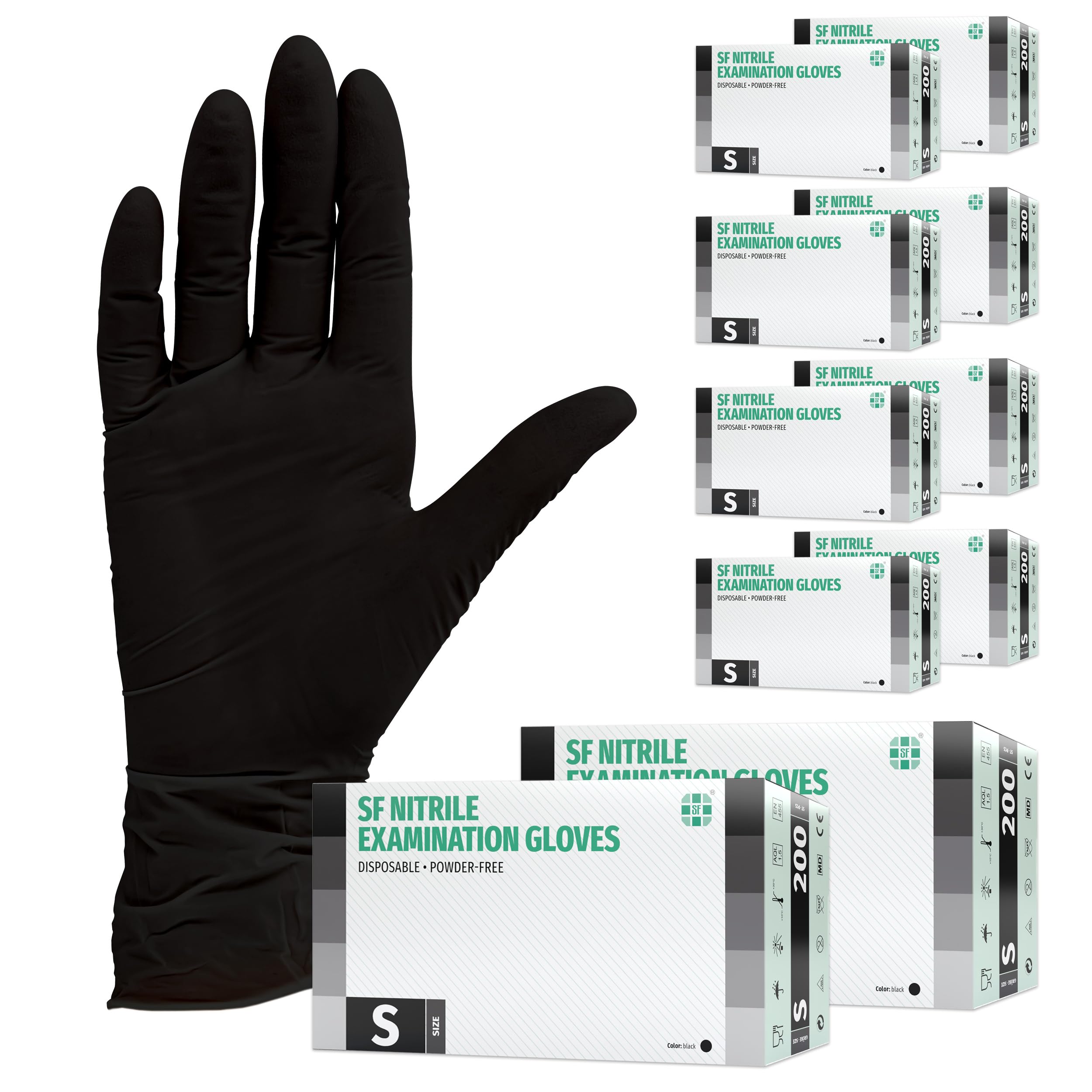 SF Nitrilhandschuhe S Schwarz – 2000 (10x200) Stück Einweghandschuhe, Einmalhandschuhe, Medizinische handschuhe, Puderfrei, Latexfrei, für Medizin, Küche, Putzen, Kosmetik, Haushalt