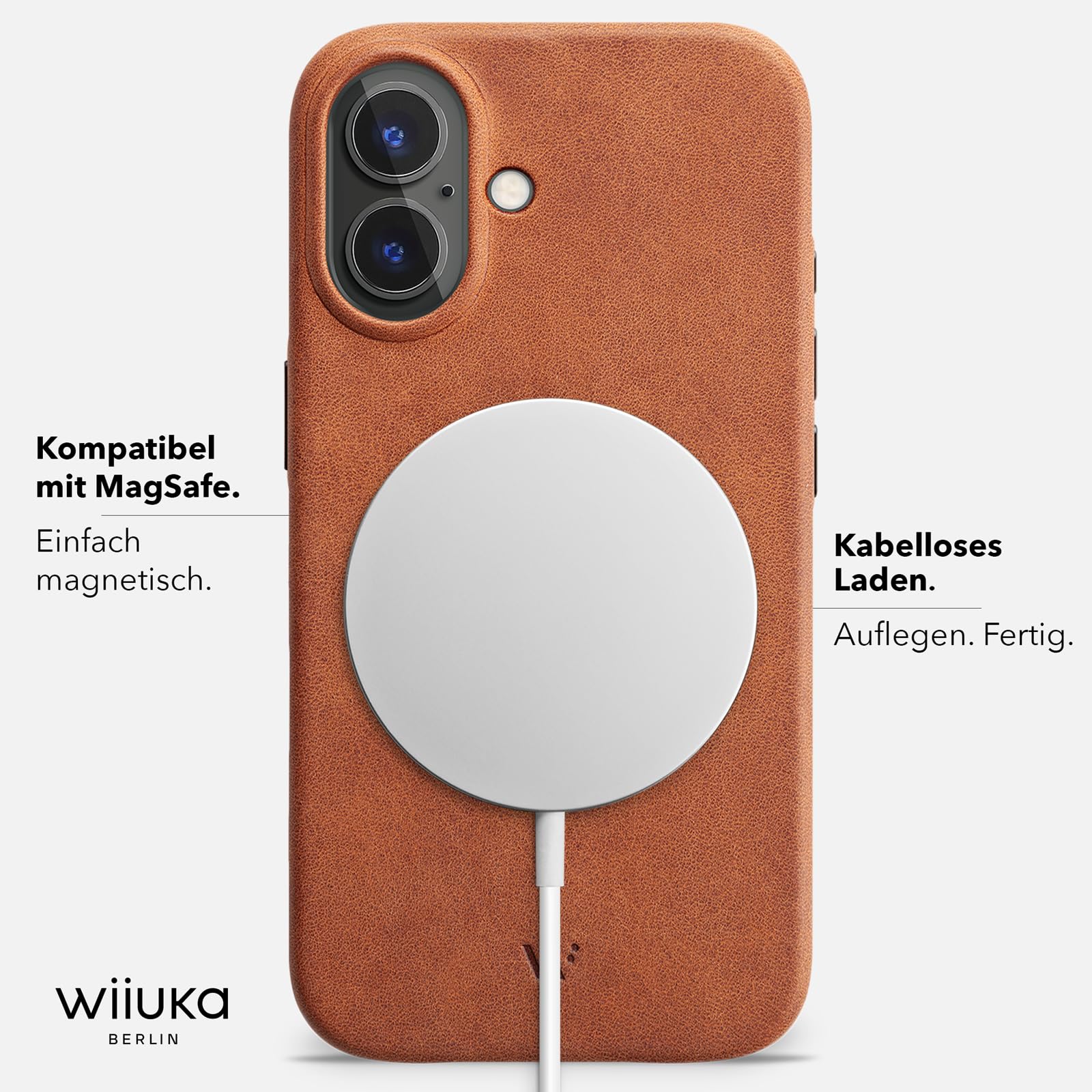 WIIUKA Hülle für iPhone 17, Leder aus Deutschland, Lederhülle extra Dünn, Premium Handyhülle, Case, Qi, skiin More, Vintage Cognac