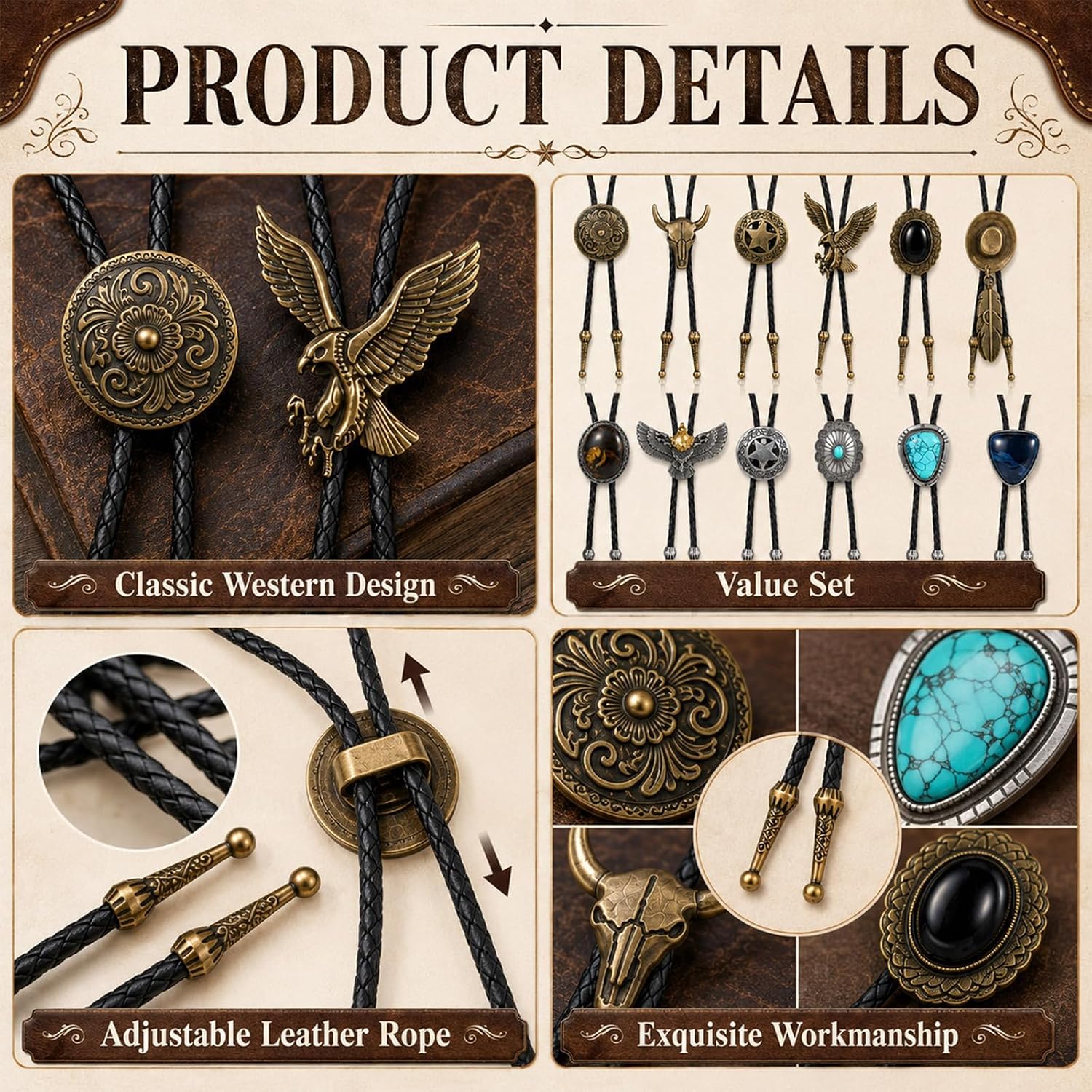 12 Pcs Bolo Tie for Men Women Western Cowboy Accessories