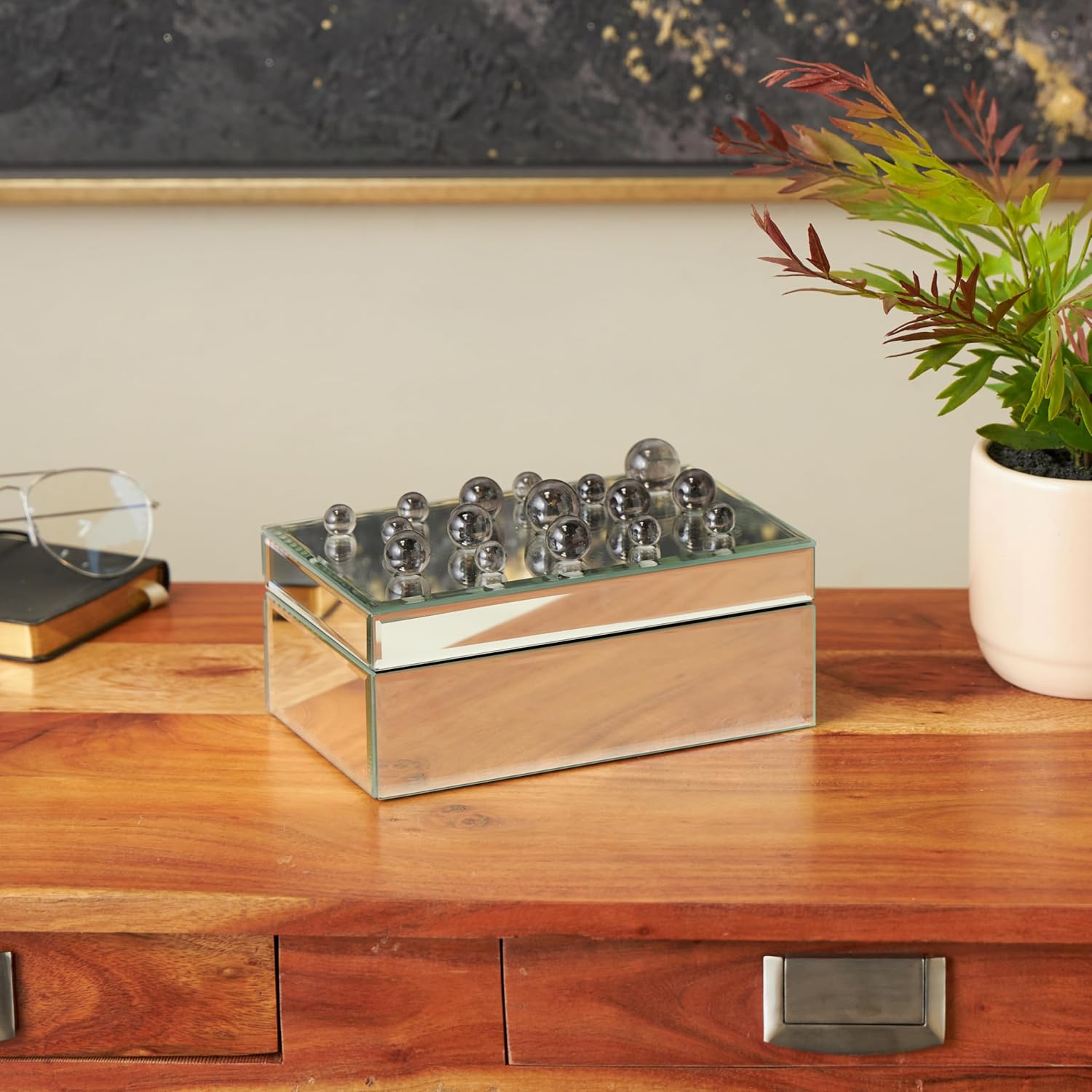 Deco 79 Glass Decorative Jewelry Box Mirrored Jewelry Organizer with Black Bubble Textured Balls, Jewelry Holder 8" x 5" x 4", Silver