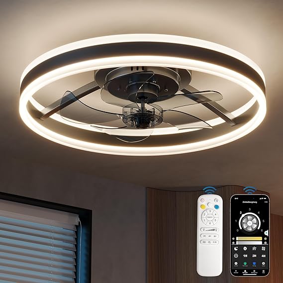 CubiCubi Modern Ceiling Fans, 20 Inch Black Ceiling Fan with Lights and Remote Control, APP, LED Fandelier with 3CCT and 6 Wind Speeds, Low Profile Ceiling Fans with Lights for Bedroom, Office