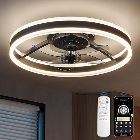 CubiCubi Modern Ceiling Fans, 20 Inch Black Ceiling Fan with Lights and Remote Control, APP, LED Fandelier with 3CCT and 6 Wind Speeds, Low Profile Ceiling Fans with Lights for Bedroom, Office