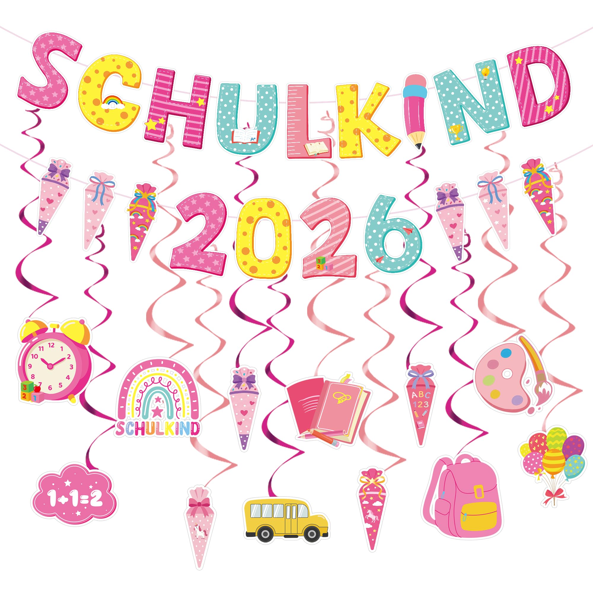 Einschulung Deko 2026 Schulkind Banner Girlande mit Hängedeko, Einschulung Mädchen Dekoration mit Schultüte Schulanfang Party Deko Set (Rosa Gelb)