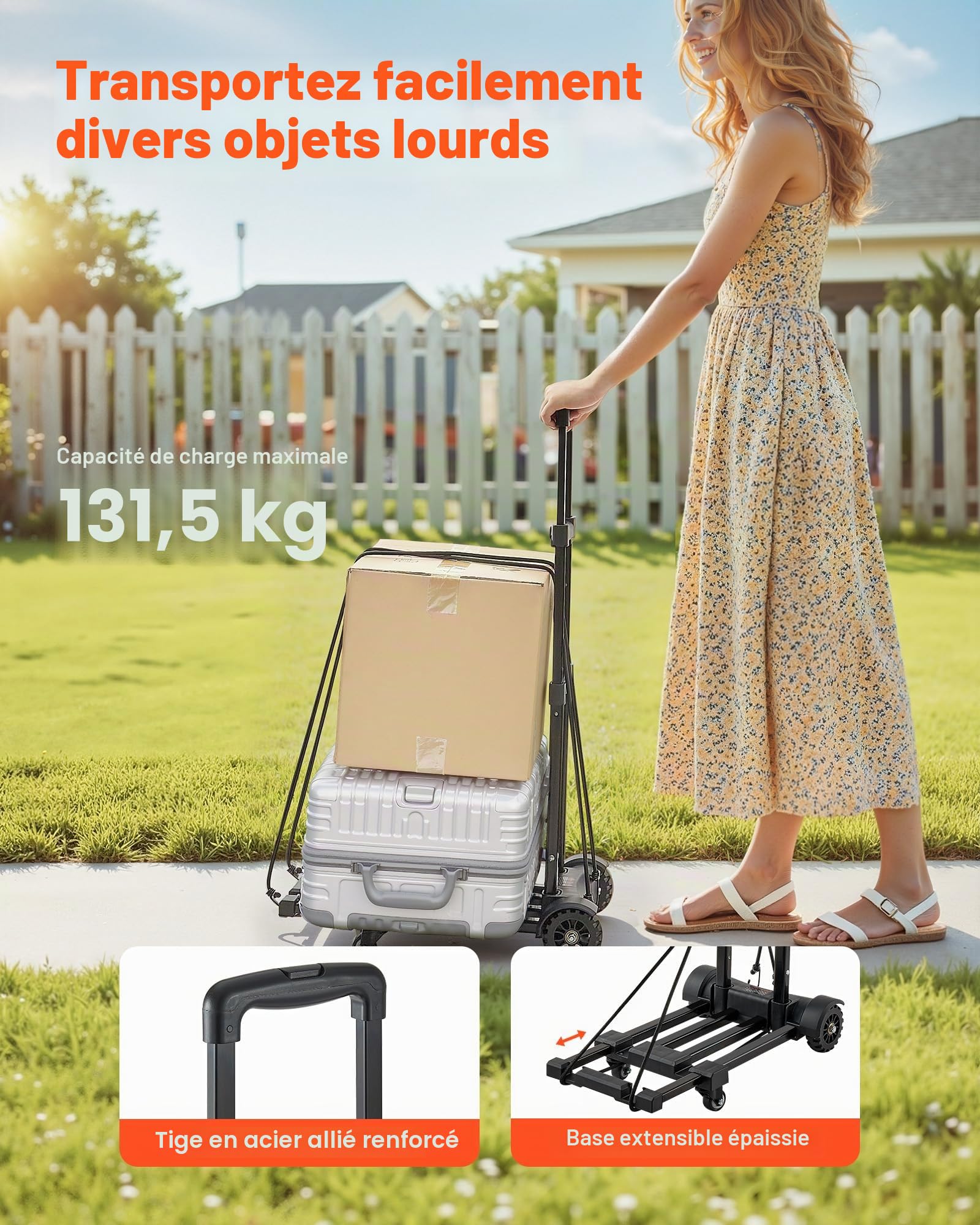 VEVOR Diable Pliant 4 Roues, Chariot à Bagages Pliable, Capacité de Charge 131,5 kg, 2 Cordes Élastiques, Base Extensible, Chariot Utilitaire pour Déménagement, Manutention, à l'Aéroport, Bureau, Noir