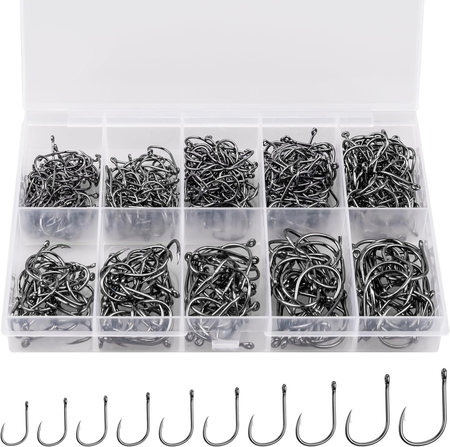 100PCS/500PCS ReeMoo Premium Fishing Hooks, 4 Sizes/10 Sizes Carbon Steel Fishing Hooks W/Portable Plastic Box, Strong Sharp Fish Hook with Barbs for Freshwater/Seawater