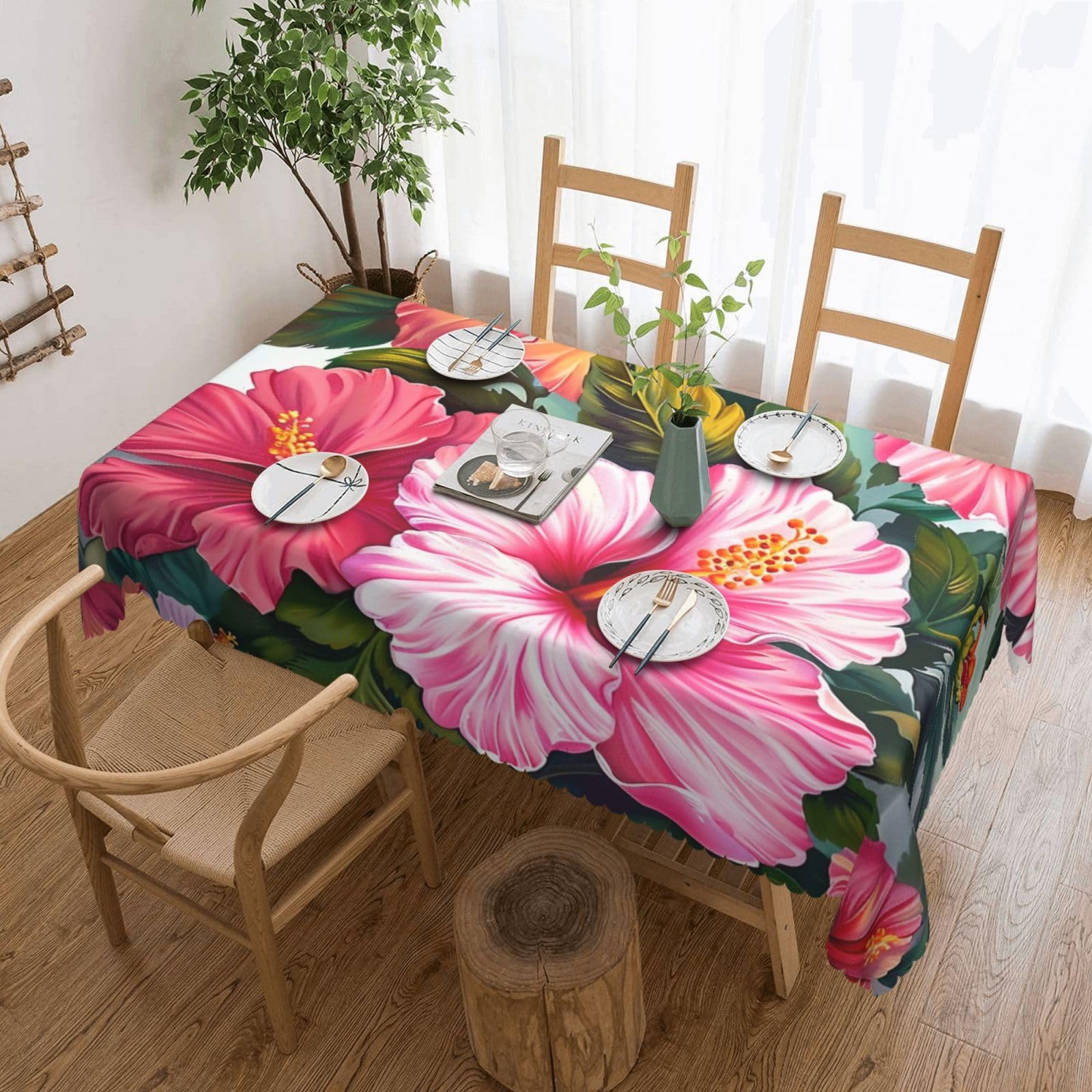 Nappe rectangulaire hibiscus 137x183 cm fleurie en polyester lavable