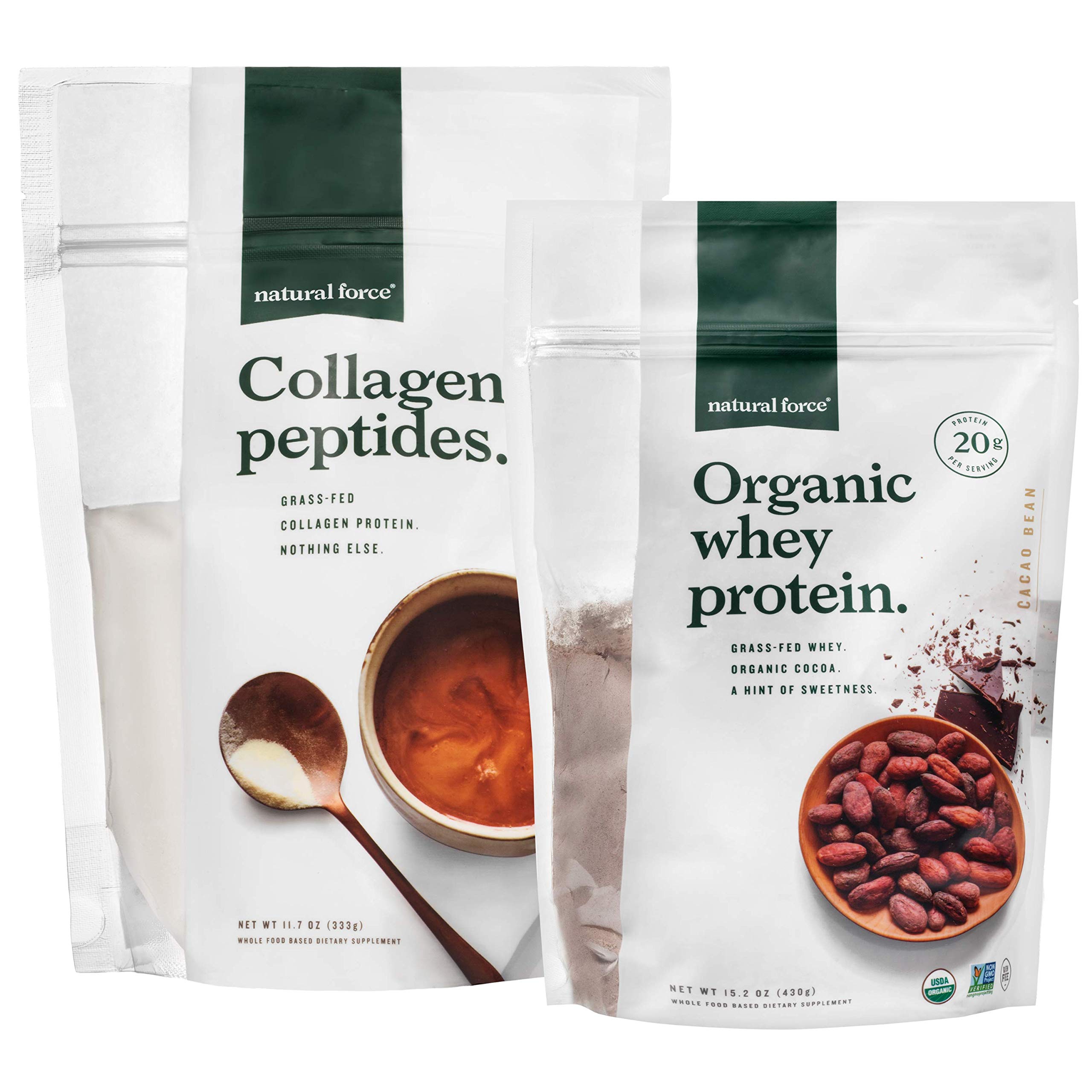 Natural Force Clean, Grass Fed Collagen Peptides + Chocolate Organic Whey Protein Bundle – Organic, Non GMO Whey Protein & Hydrolyzed Type I and III Collagen – 15.2 Ounce Bag and 11.7 Ounce Bag