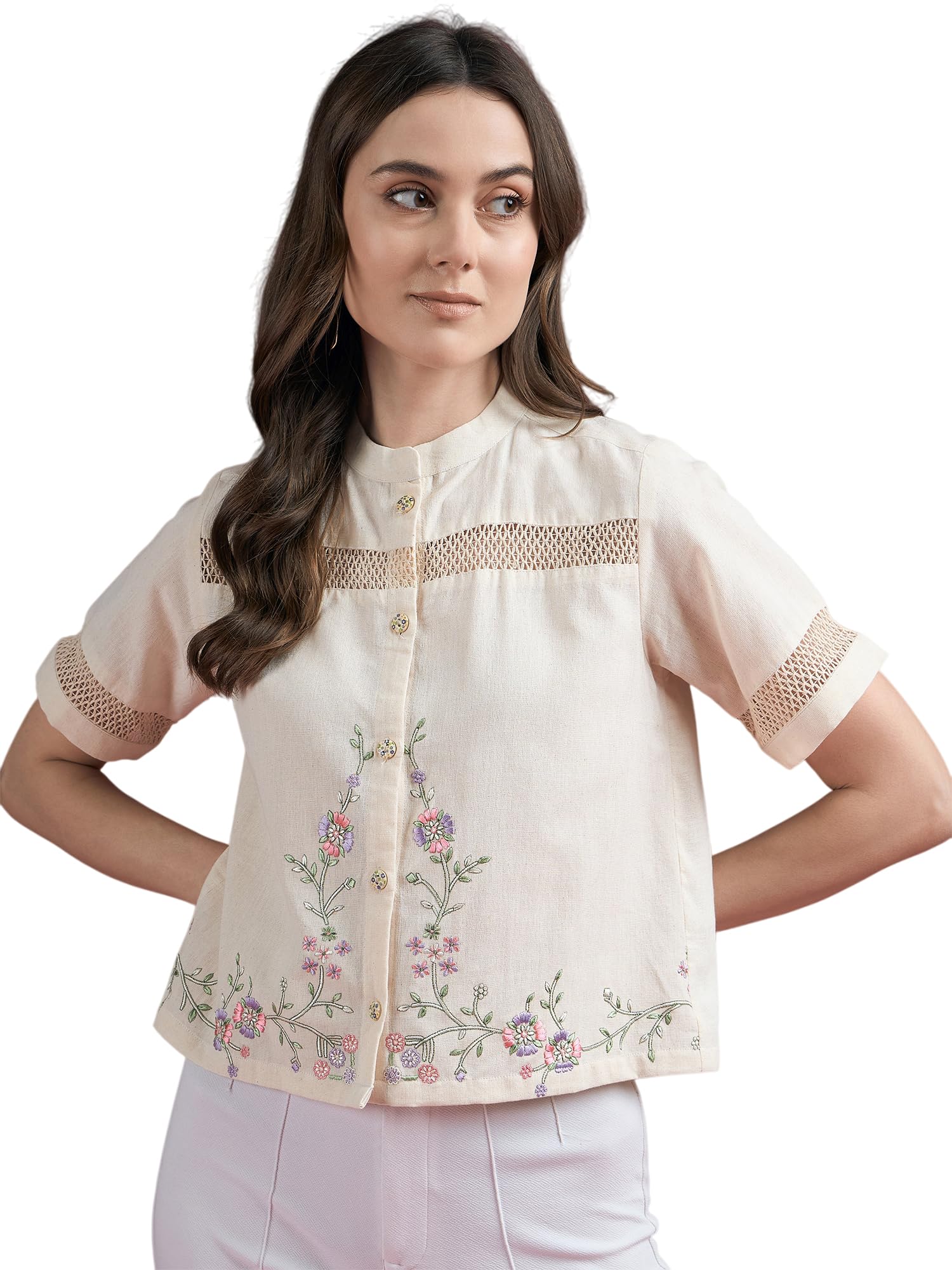 shewill Women's Embroidered Cotton Shirt – Casual Chic, Regular Fit, 3/4 Sleeve, Machine Washable – Ideal for Office-picture-43