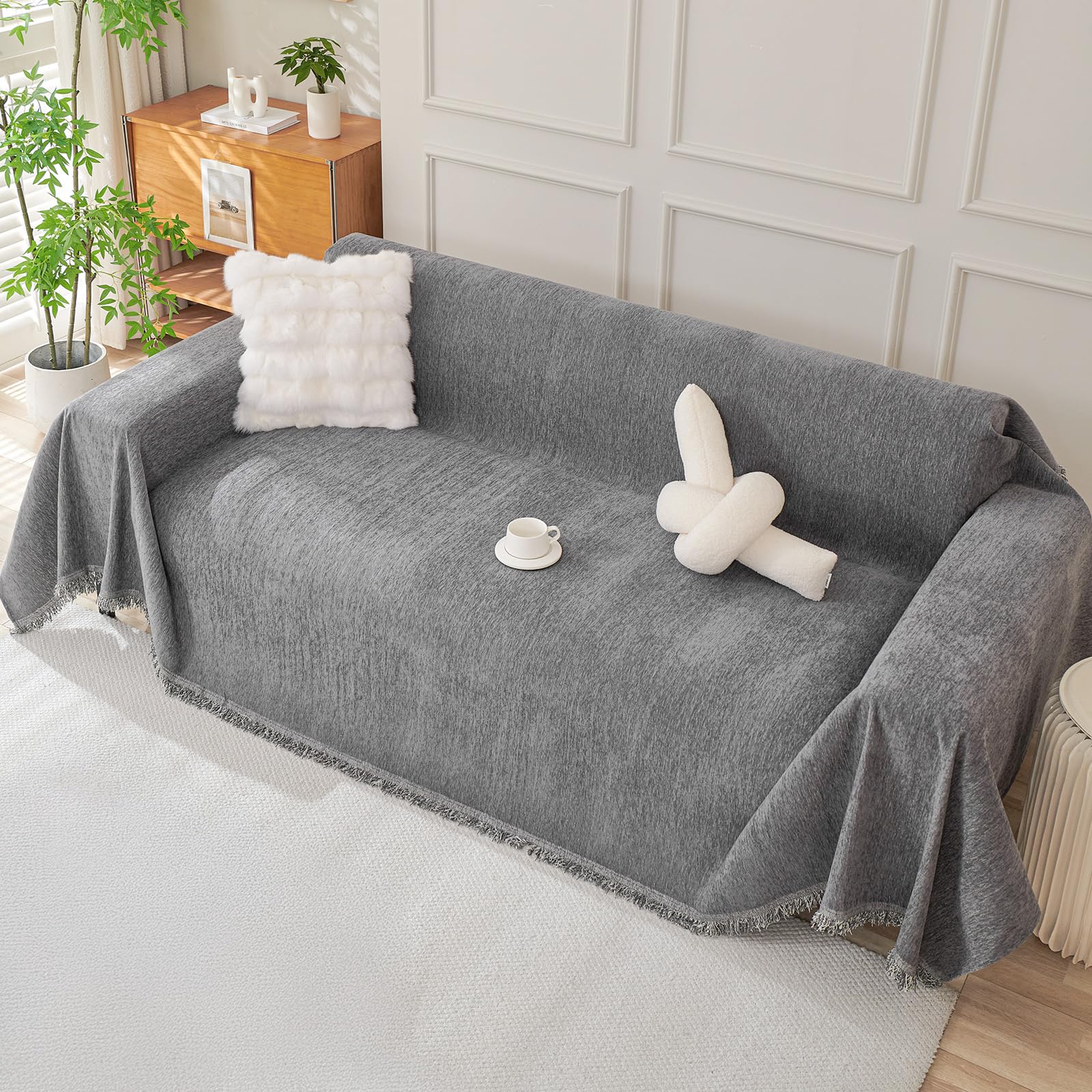 Royhom Chenille Sofa Covers 3 Seater, Corner Sofa Cover L Shape, Washable Couch Cover with Tassel