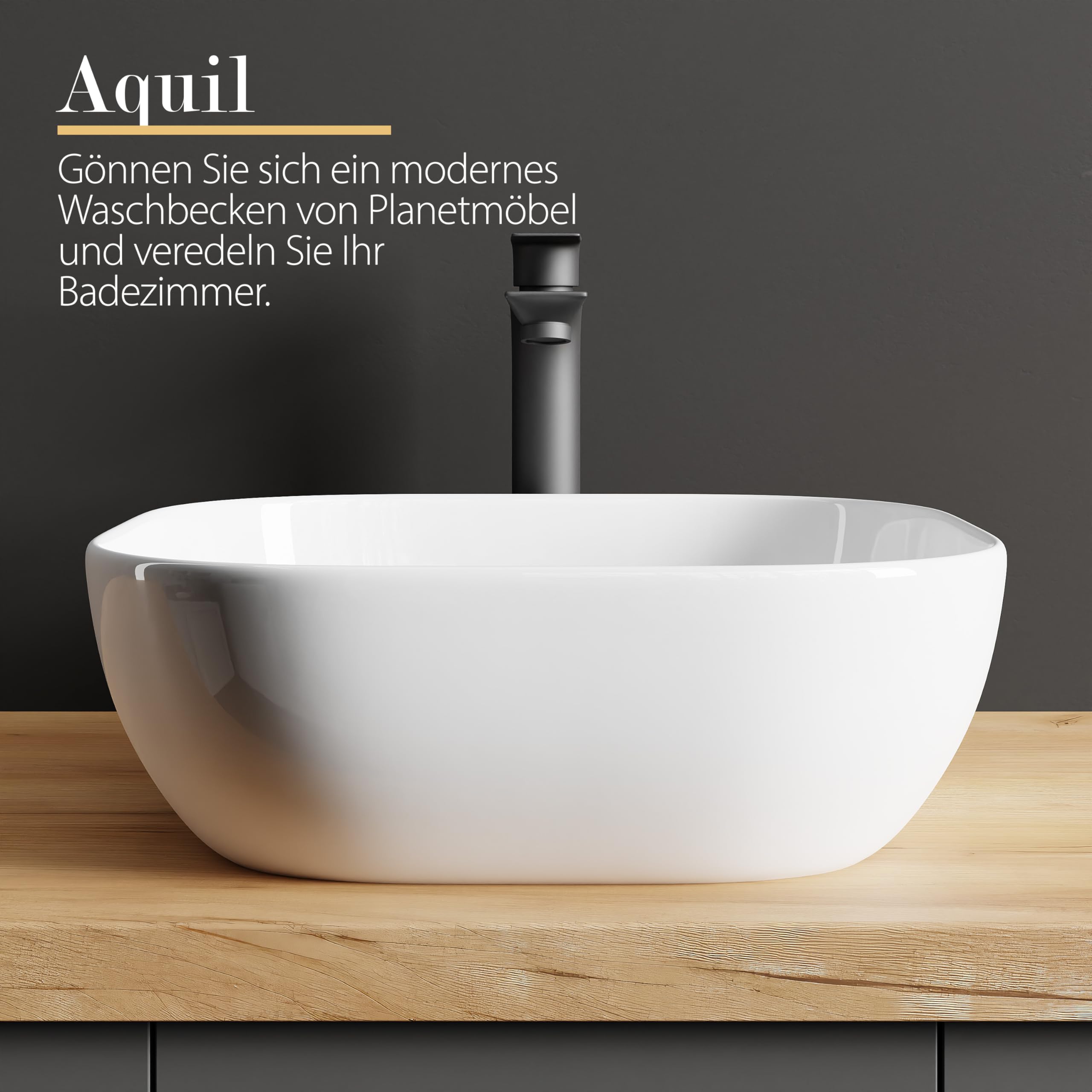 Planetmöbel Aquil Deluxe umywalka Square | Umywalka nablatowa do łazienki i WC dla gości | Umywalka do ręcznego spłukiwania bez otworu na baterię i przelewu | biała, 42,5 x 42,5 x14 cm