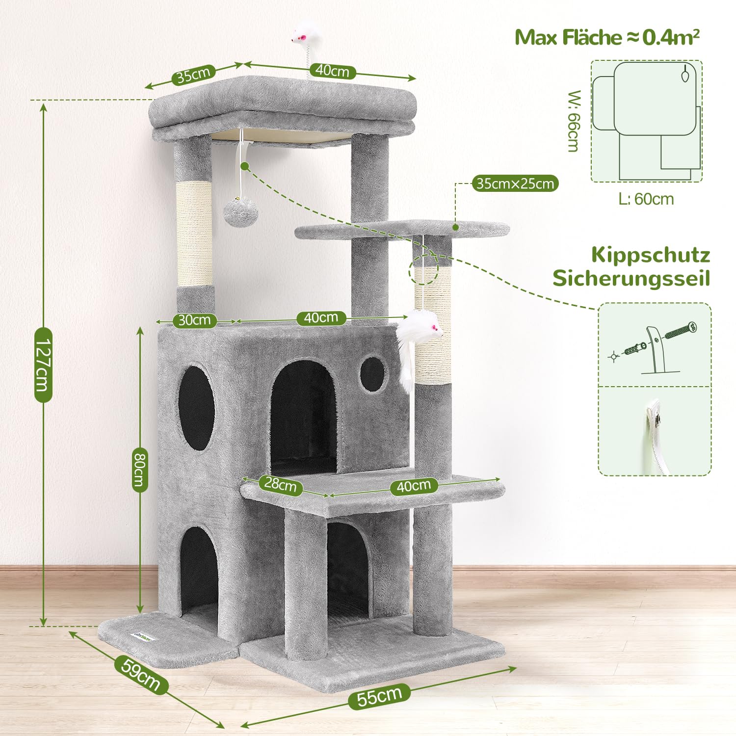 Globlazer Tiragraffi per Gatti Stabile con Grandi Base Grotta Imbottiti Piattaforma Peluche Giocattoli, Albero Tiragraffi Alto 127 cm per Grandi Gatti Anziani Riposare Giocare (FC50, Grigio Chiaro)