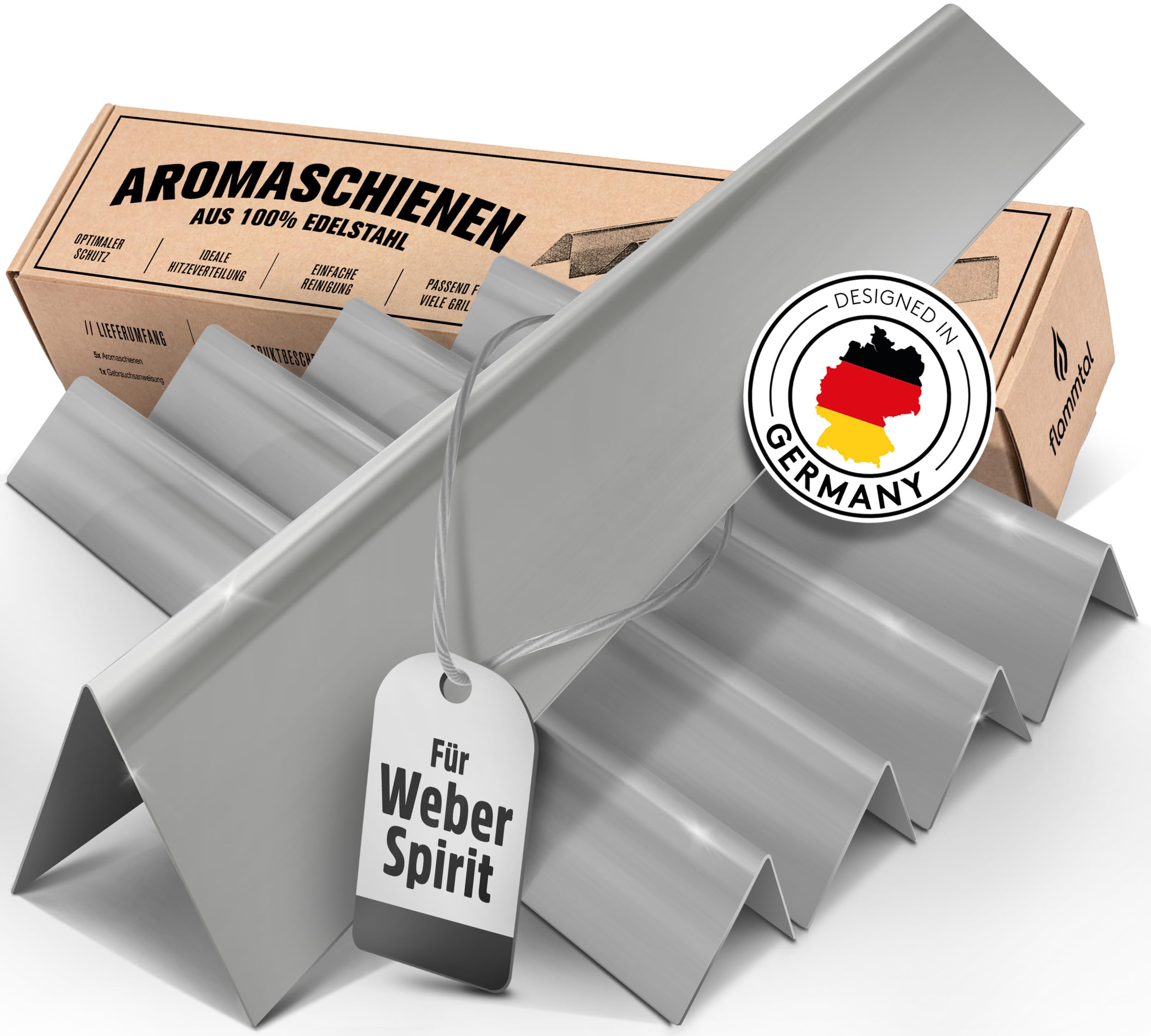 flammtal Das Original - Aromaschienen FLAVE [5 Stück] - Für Weber Spirit 310/320/330 - Hochwertige Flavorizer Bars für Weber Spirit 320 ab Bauj. 2013 - Rostfreier Edelstahl - Ideale Brennerabdeckung