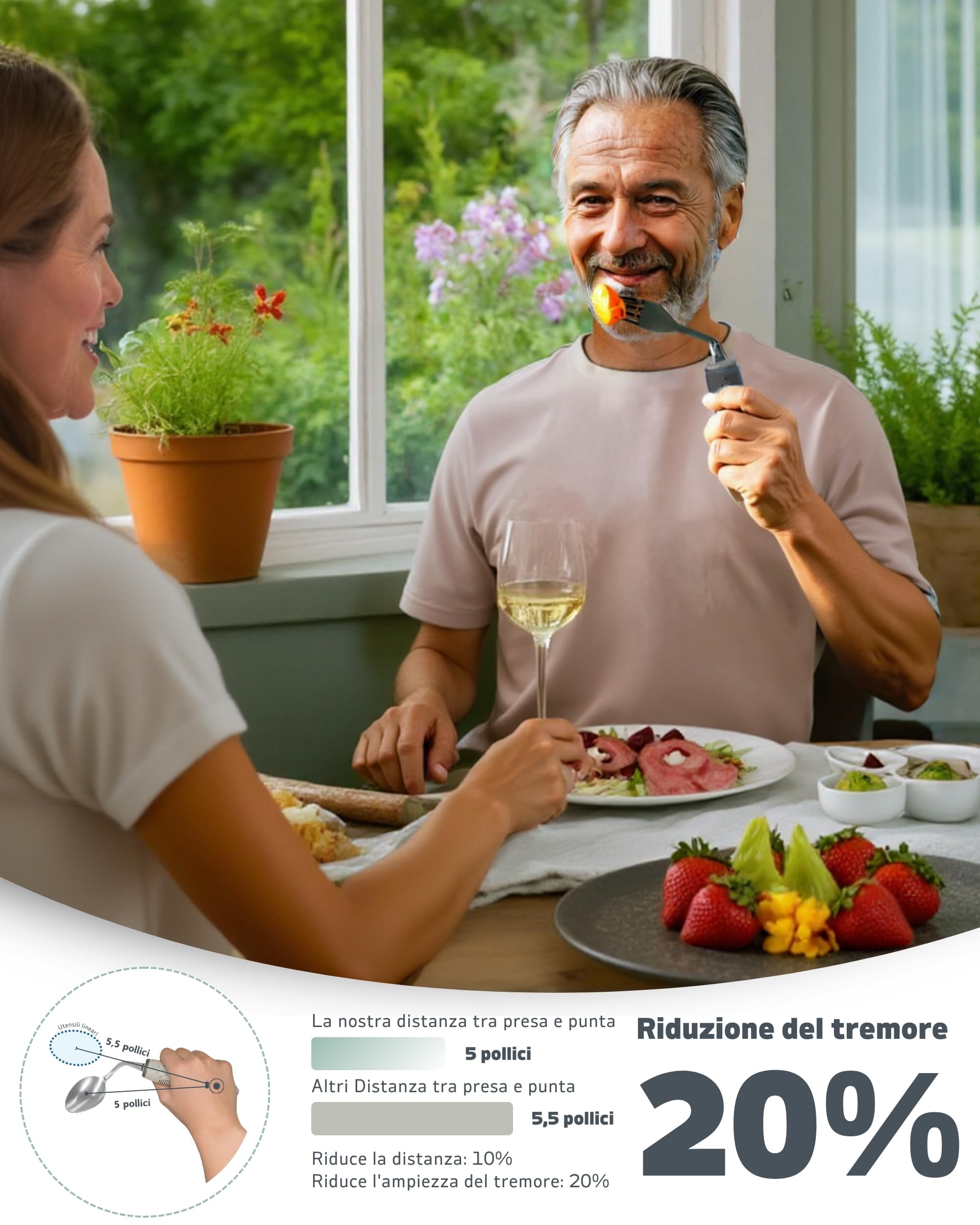 Set di Posate Adattive (4 pezzi) – Angolatura 42°, Posate ponderate da 85 g per Parkinson, tremori alle mani e artrite – Impugnatura ergonomica antiscivolo (mano sinistra)