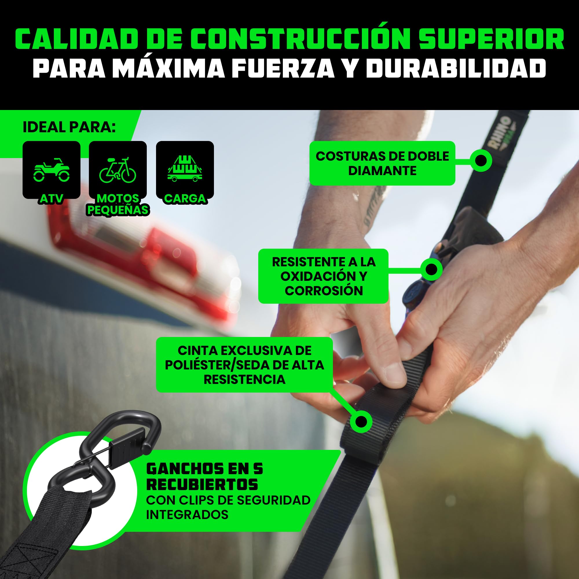 Rhino USA Correas de Carraca (4-Pack) - 2,5 cm x 4,6 m (800 kg de Resistencia de Rotura) - Correas de Amarre con Ganchos de Seguridad en S para Camiones, Carga, Mudanzas, Electrodomésticos - Negro