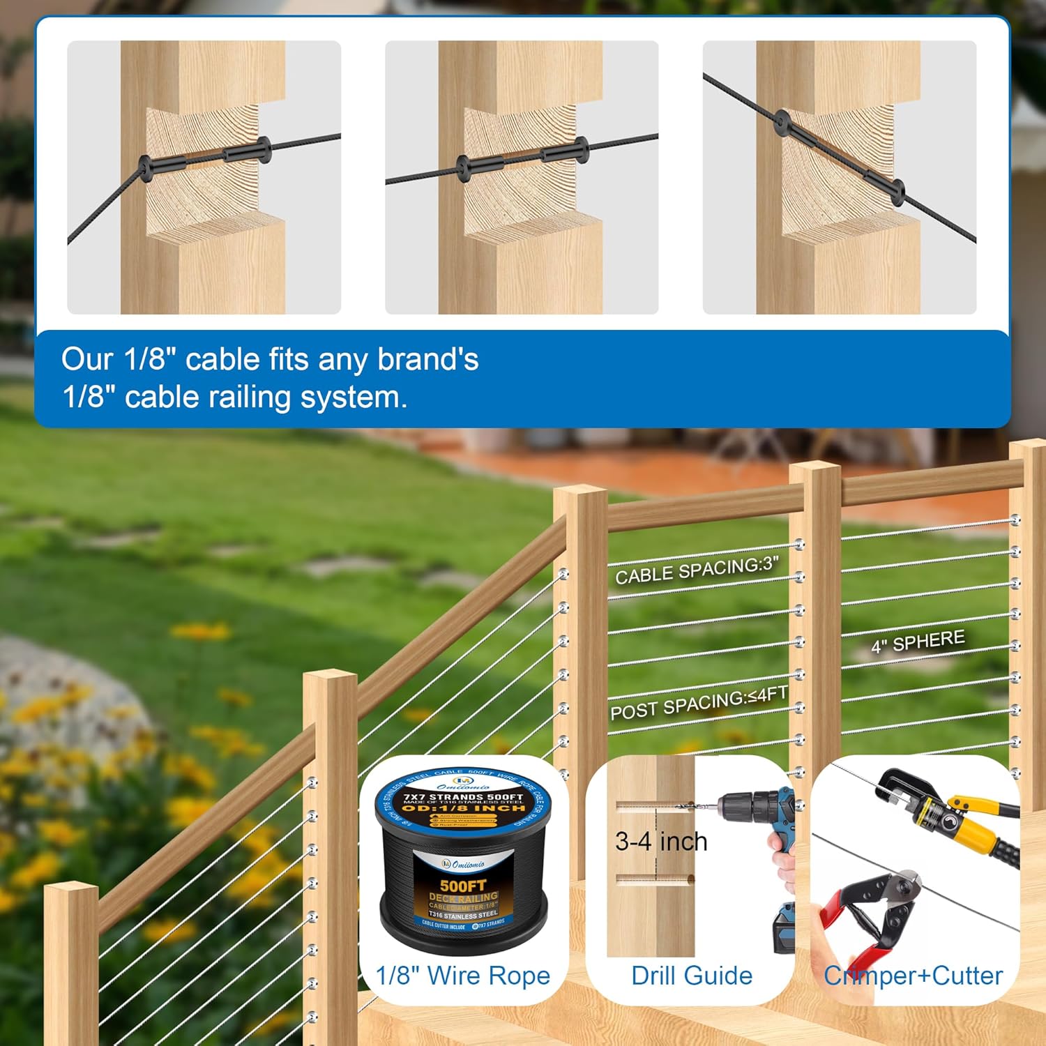 500 Feet 1/8" Black T316 Stainless Steel Cable Wire Rope Aircraft Cable Railing System Deck Cable Railing Hardware 7x7 Strand Indoor Outdoor DIY Balustrade String