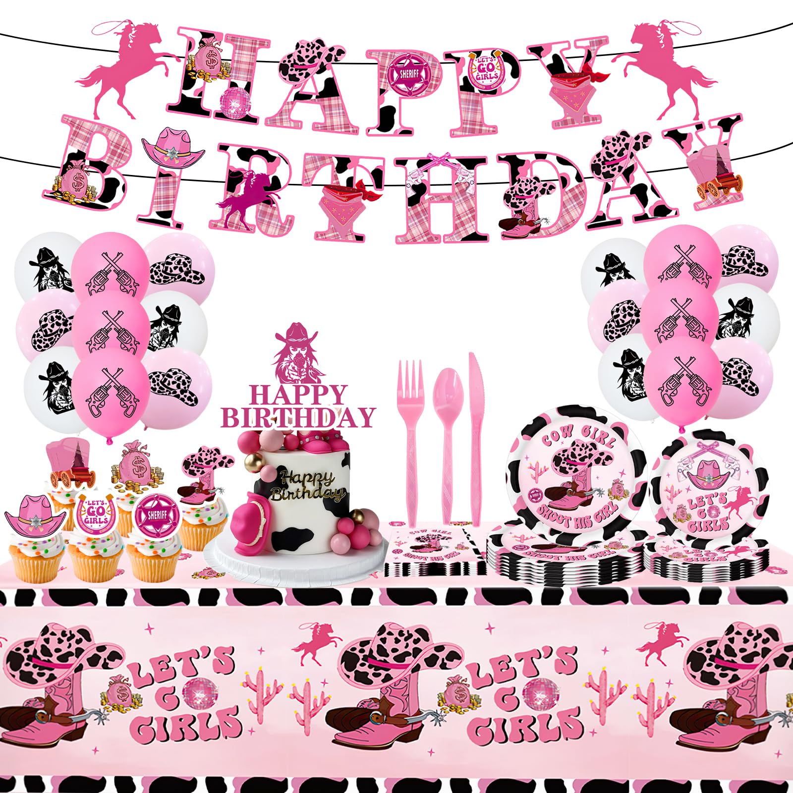 111 Pcs Cowgirl Birthday Party Supplies, Include Plates, Napkins, Knife and Fork, Tablecloth, Latex Balloons, Caketoppers, Banners for Western Cowgirl