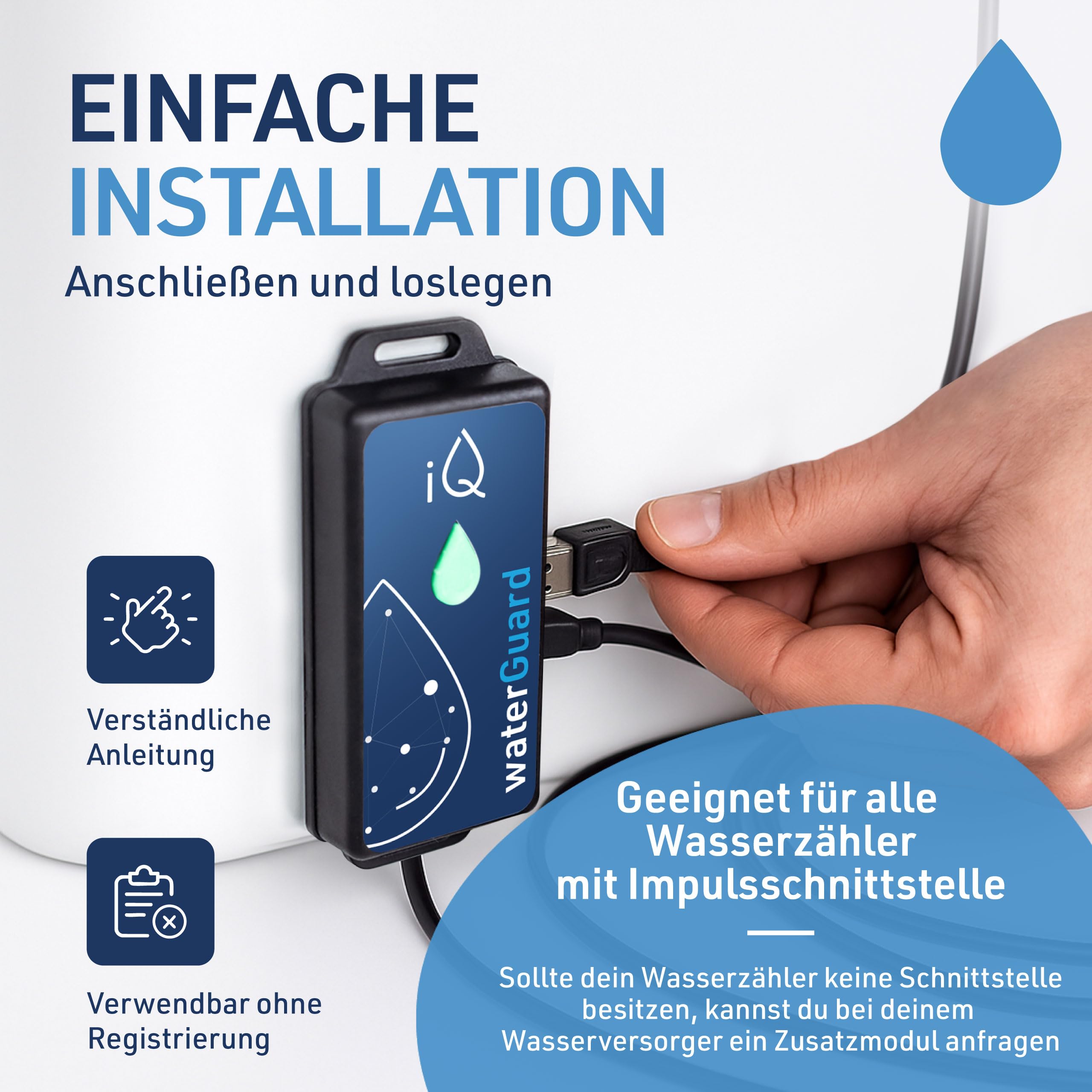 iQ waterGuard - Smarter Wassermelder mit Wasseralarm-Funktion 92dB & WLAN - Water Guard Wasserwächter für Smartphone - WiFi Wasserverbrauchs-Zähler, Überwachung von Wasserverbrauch & bei Wasserschaden