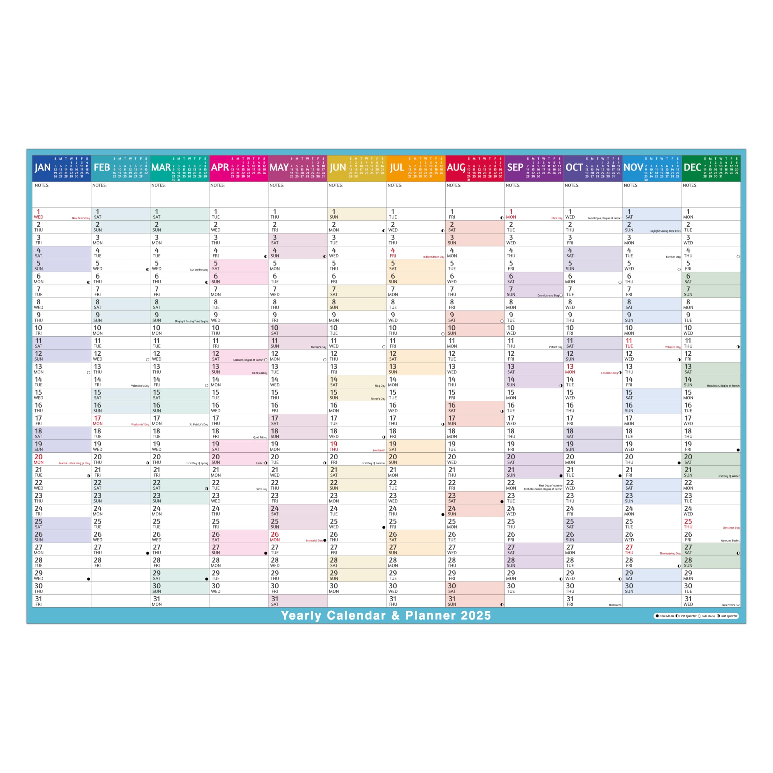 2025 Yearly Wall Calendar - Large Yearly Calendar 2025, Jan 2025 - Dec 2025, 38.2" x 25.2" (Open), 2025 Calendar 12 Months, Yearly Wall Calendar 2025 with Moon Phase, Notes, Stickers, All At One Page