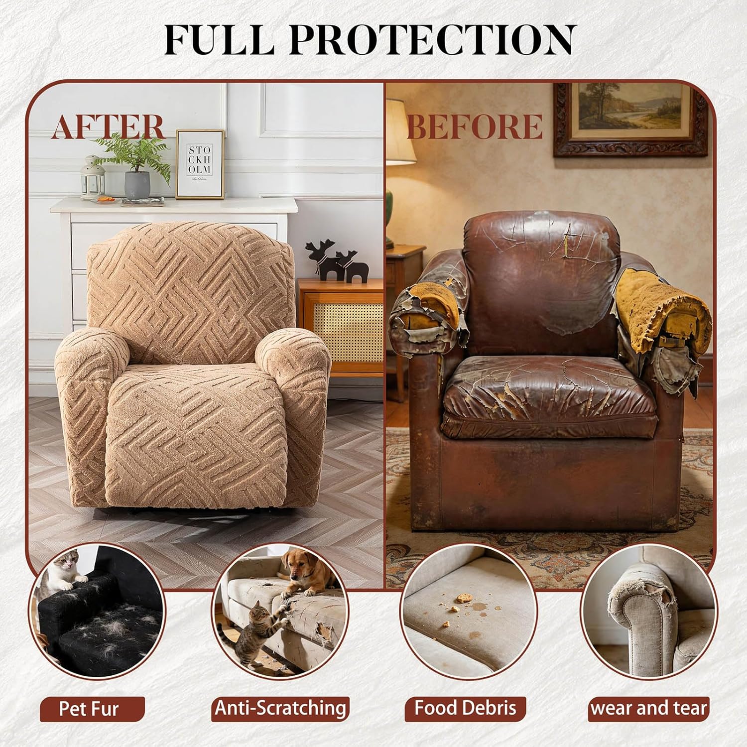 Soft Stretch Recliner Cover Washable Full Coverage Slipcover with Side Pockets Soft Furniture Protector with Side Pockets,Beige,2 Seater