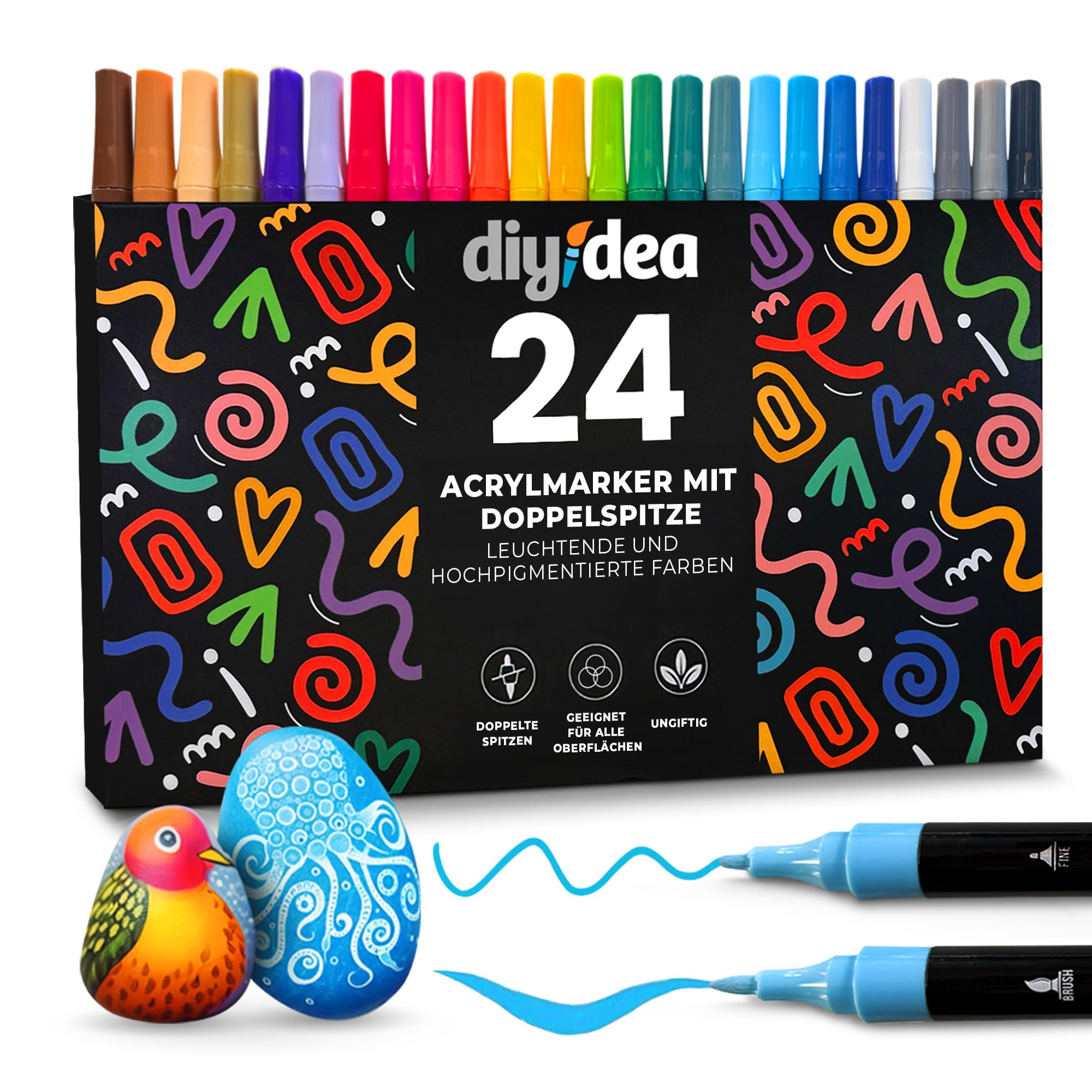 DIYIDEA Acrylstifte 24 Farben Doppelspitze (Pinsel & 1 mm Feine Spitze) – Wasserbasiert, Schnelltrocknend, Ungiftig – Für Steine, Holz, Glas, Keramik, Leinwand & DIY