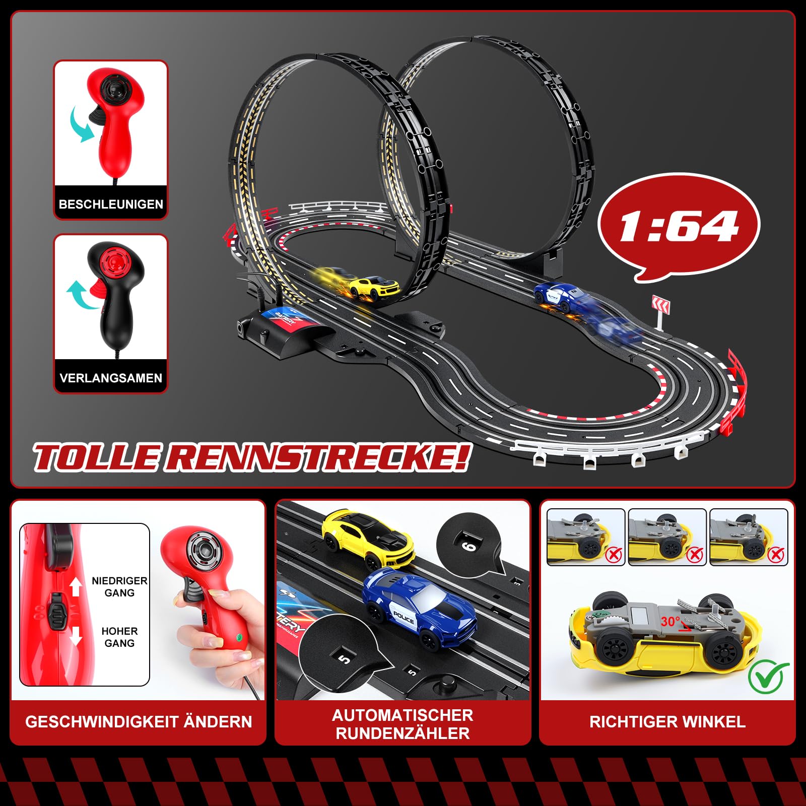 YOOHBERRYS Autorennbahn Elektrisch Rennbahn Kinder 1:64-Rundenzähler 308CM | USB Elektrische Rennstrecke-2 Slotcars, 360°-Looping, Rennstrecke Auto Spielzeug Geschenke Mädchen Jungen 3 4 6-12 Jahren