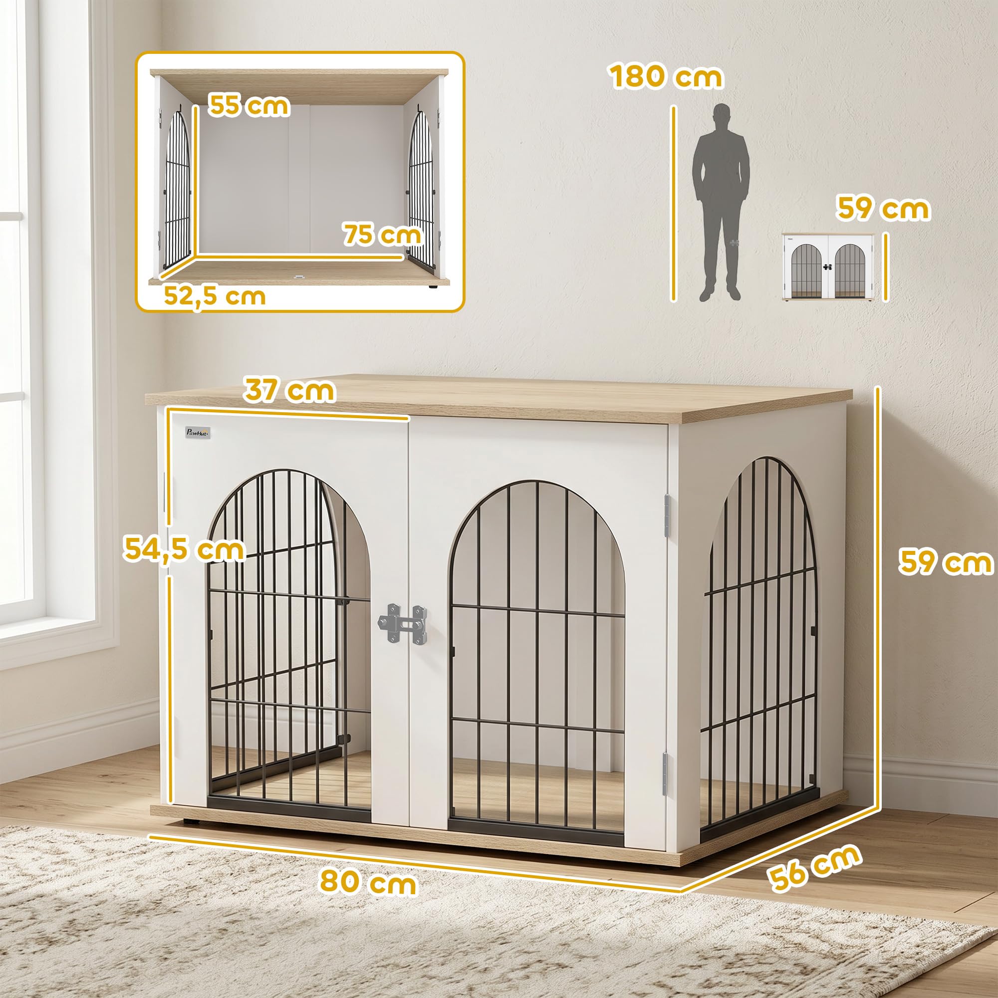 PawHut Gabbia per cani Arco Doppia Porta Dimensione Media, 80 x 56 x 59 cm, Bianco | Mobile Cage Cane Interno, Metallo Robusto, Tavolino Design Moderno, Soggiorno Appartamento