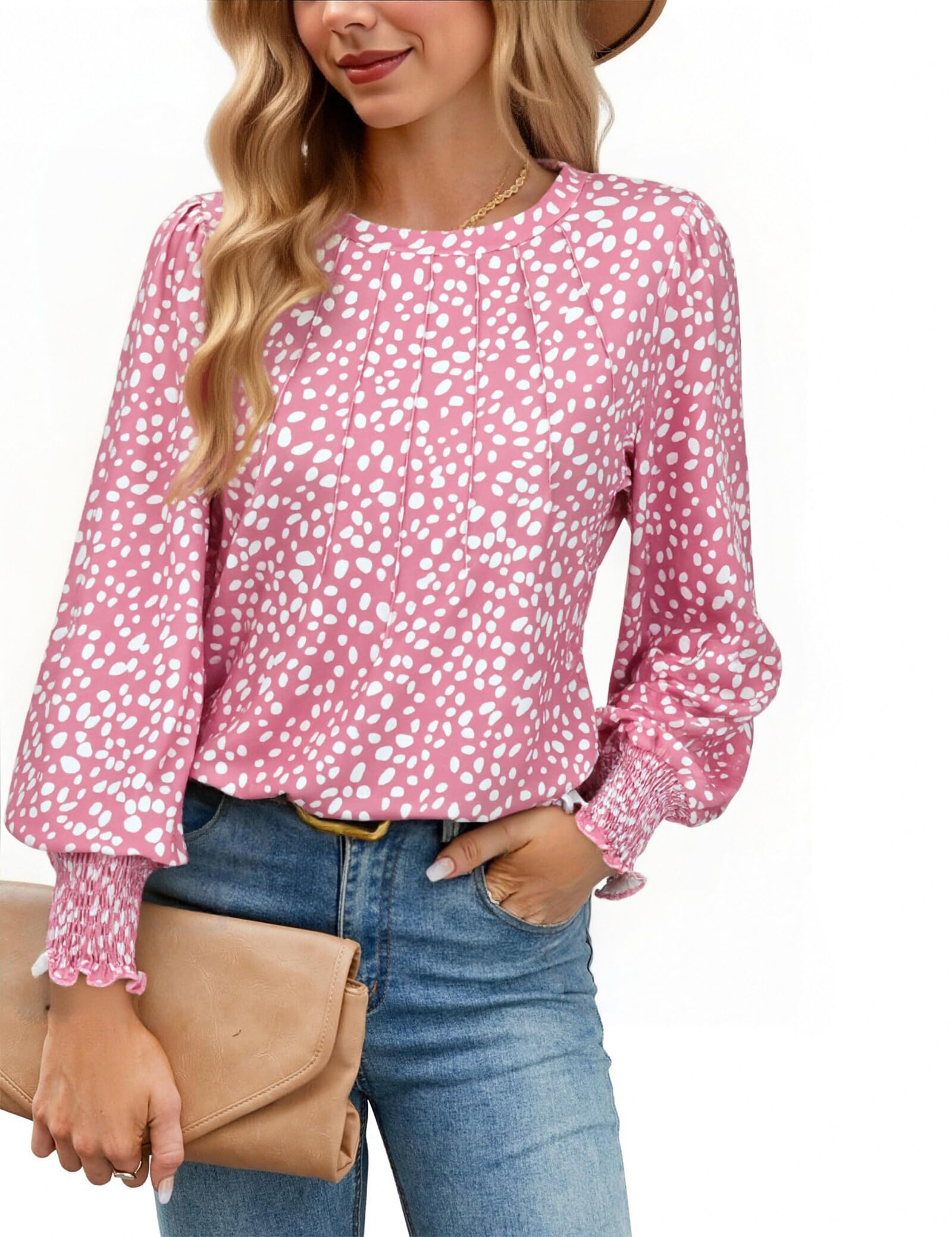 Gyabnw Langarmshirt Damen Elegant Oberteile Damen Blusen Basic Puffärmel Plissee Rundhals Top für Herbst und Winter