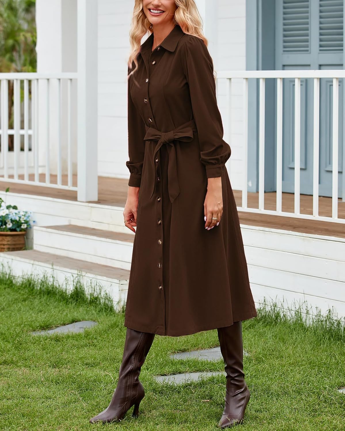 Women's Corduroy Maxi Dress Long Sleeve Cord Button Down Fall Shirt Long Dress with Belt - Image 6