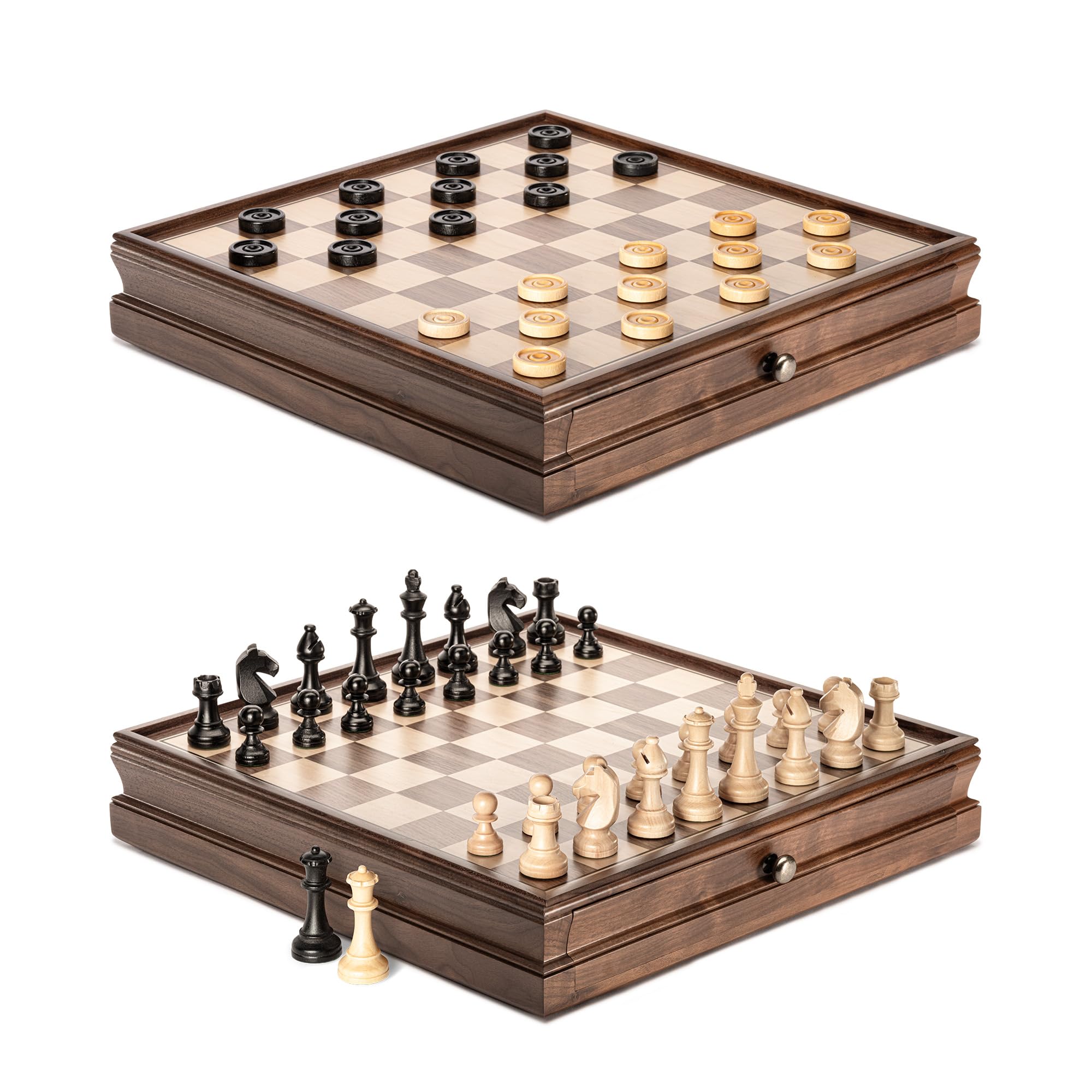 A&A Jeu d'échecs 2 en 1, 38 x 38 cm, en bois de noyer, avec tiroir de rangement, triple poids - Hauteur roi : 7,6 cm - 2 reines supplémentaires, échecs et dames