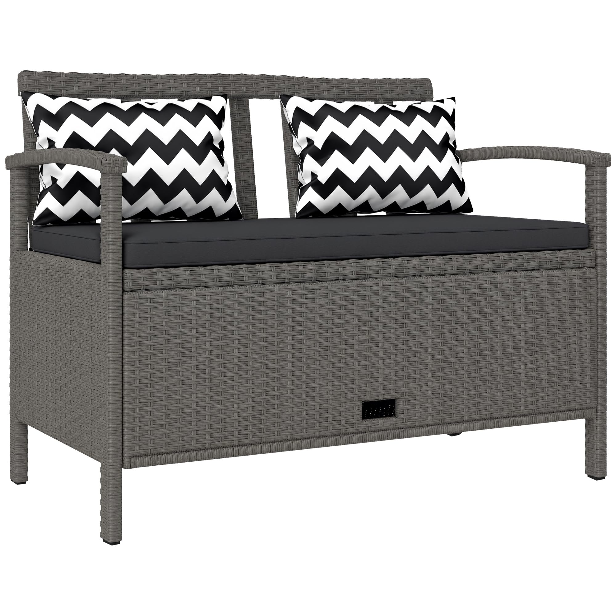 Outsunny Banc Extérieur Jardin 2 Places Banc de Rangement 160L 112 cm Gris | en Rotin PE, avec Coussin, 2 Oreillers, Cadre en Acier
