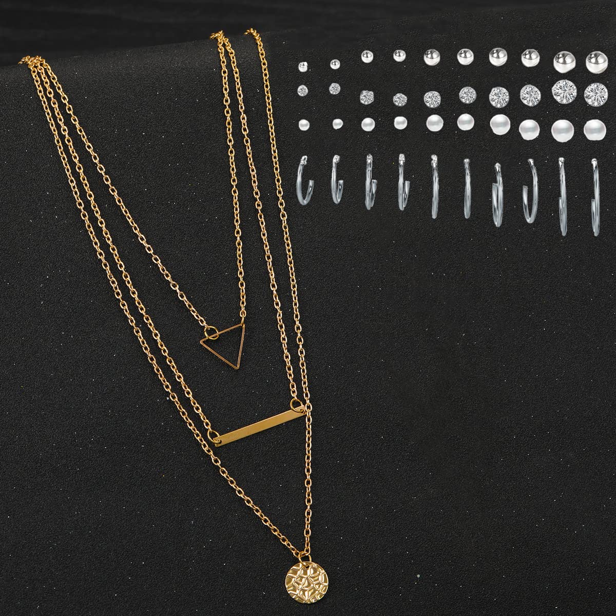 Layered Necklace and Silver Stud Earrings Set